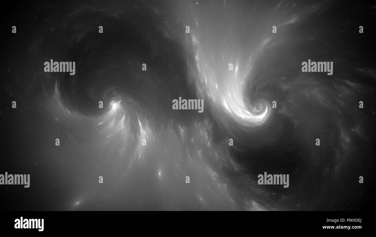 Glowing spiral singularities in space, black and white effect, computer ...