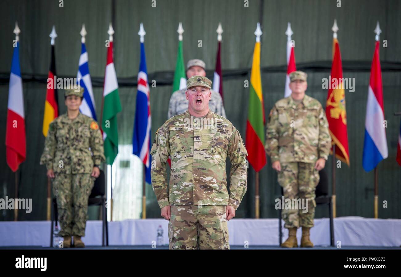 U.S. Army Brig. Gen. Giselle Wilz transfers authority of NATO Headquarters Sarajevo to U.S. Air Force Brig. Gen. Robert Huston during a ceremony held on June 27th, 2017 at Camp Butmir, Bosnia and Herzegovina. Stock Photo