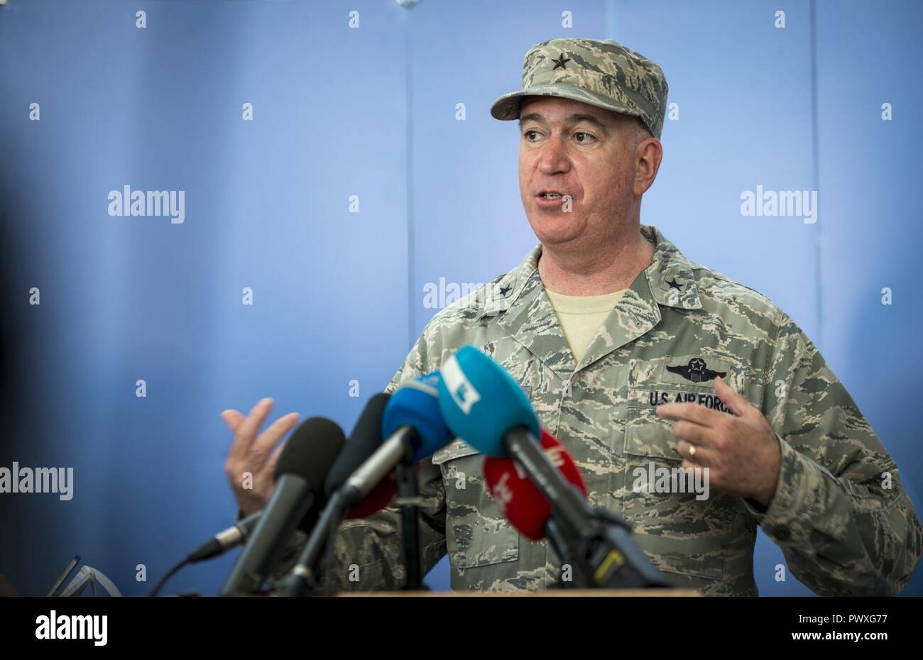 U.S. Army Brig. Gen. Giselle Wilz transfers authority of NATO Headquarters Sarajevo to U.S. Air Force Brig. Gen. Robert Huston during a ceremony held on June 27th, 2017 at Camp Butmir, Bosnia and Herzegovina. Stock Photo