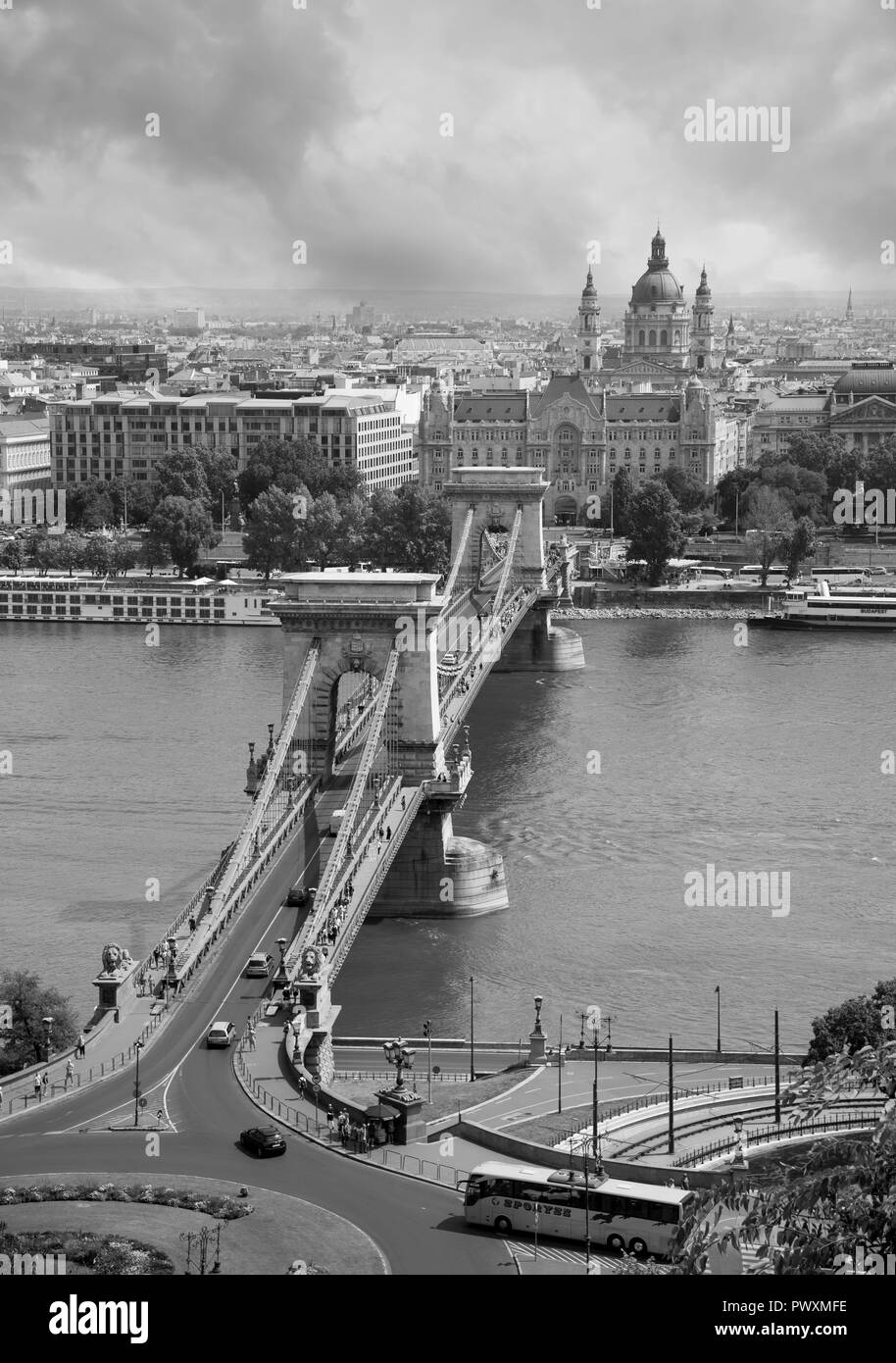 Budapest, Hungary - 3 august, 2018: aerial view of the Chain Bridge in black and white Stock Photo