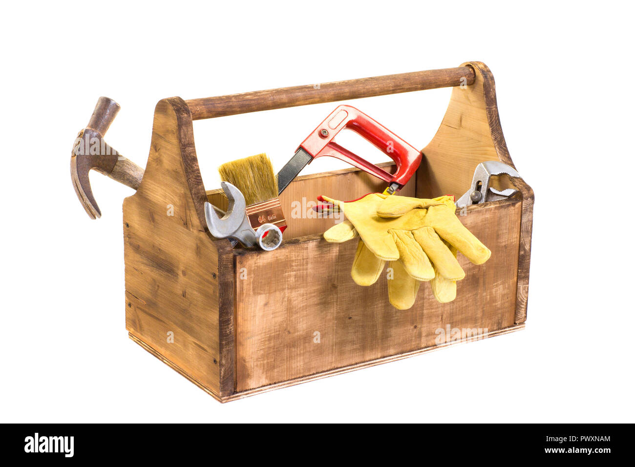 essential kit of handyman tools in white background Stock Photo