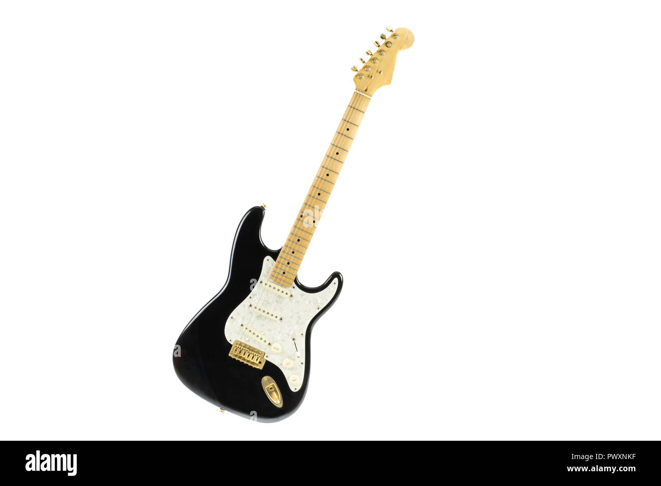portrait of isolated inclined electric guitar with nacre pickguard Stock Photo