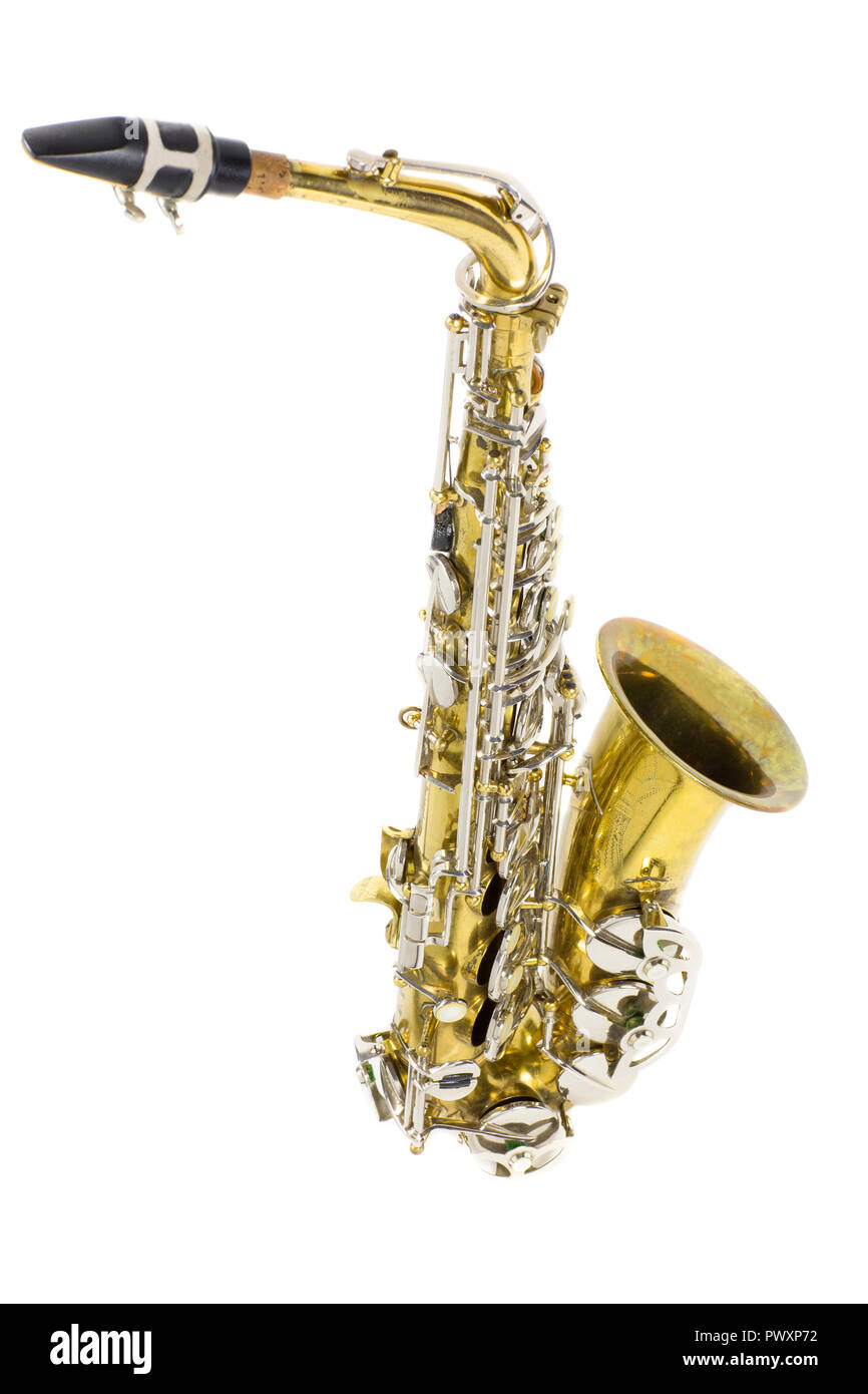 gold and silver brass saxophone in white background Stock Photo