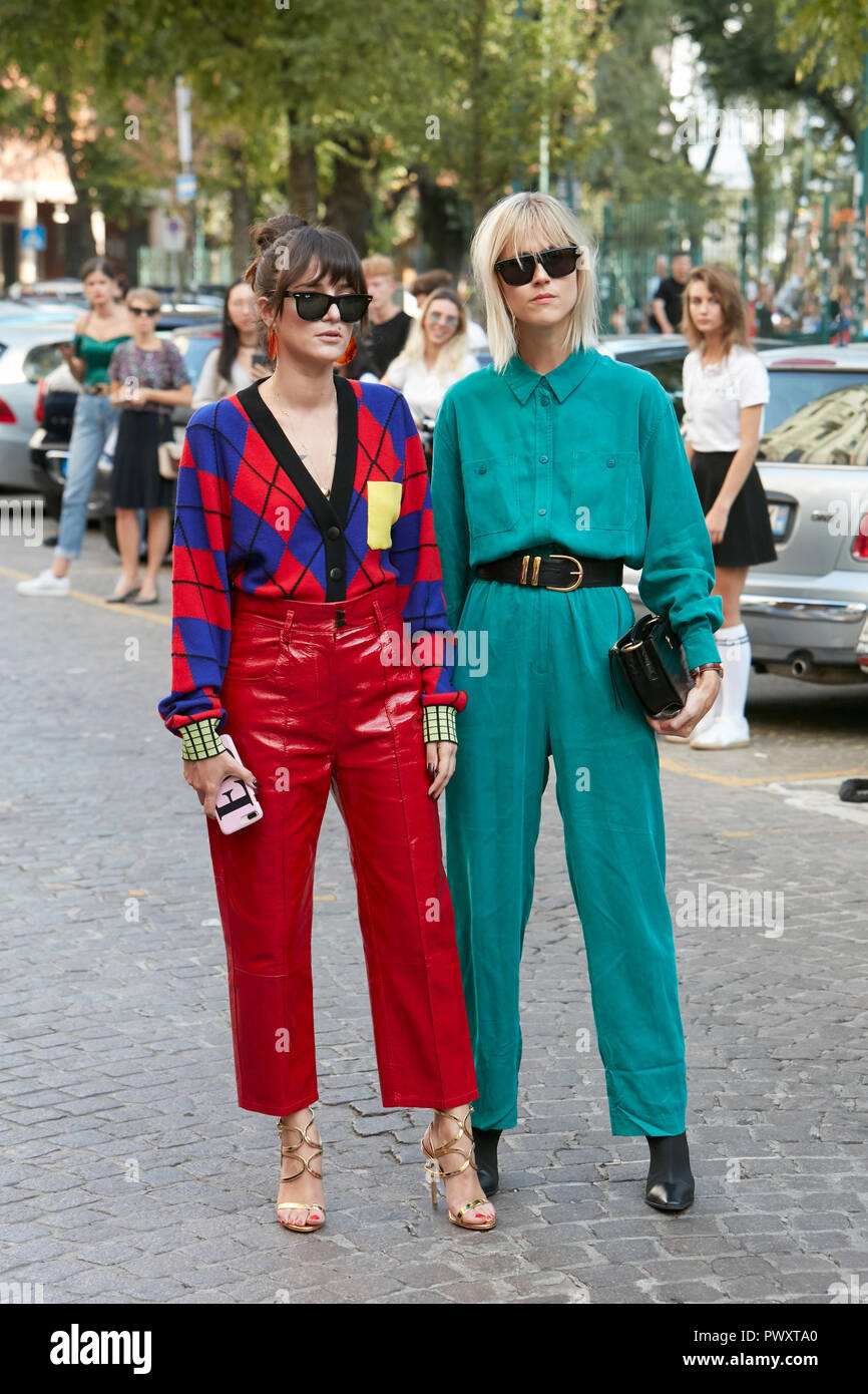 MILAN, ITALY - SEPTEMBER 21, 2018: Eleonora Carisi and Linda Tol before Marco de Vincenzo fashion show, Milan Fashion Week street style Stock Photo