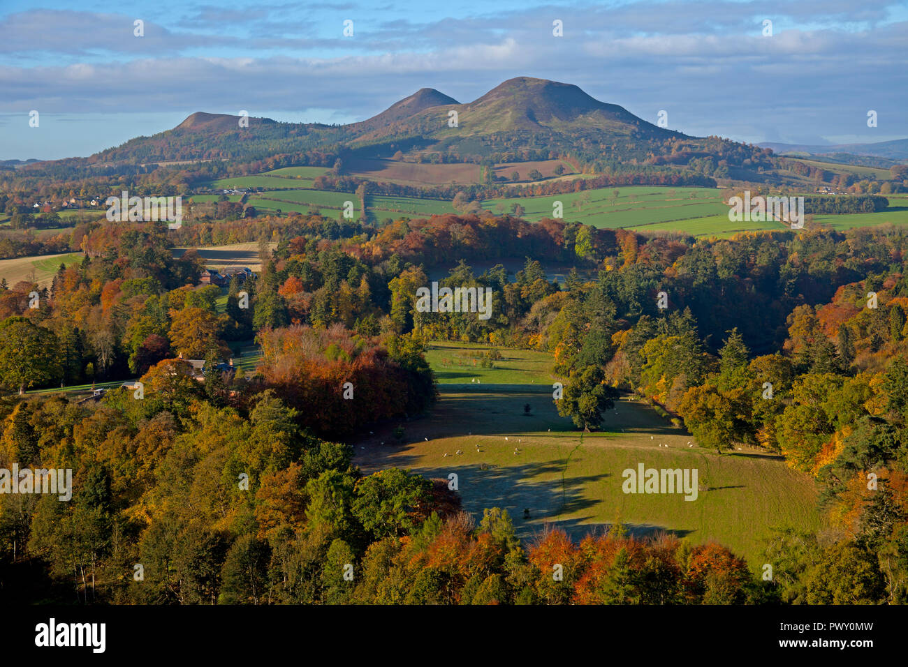 Scott's View, Melrose, Scotland, UK. 18 October 2018. UK Weather, glorious sunshine highlighting the autumnal foliage looking towards the Eildon Hills after a frosty start in Scottish Borders, temperature of 7 degrees. Stock Photo