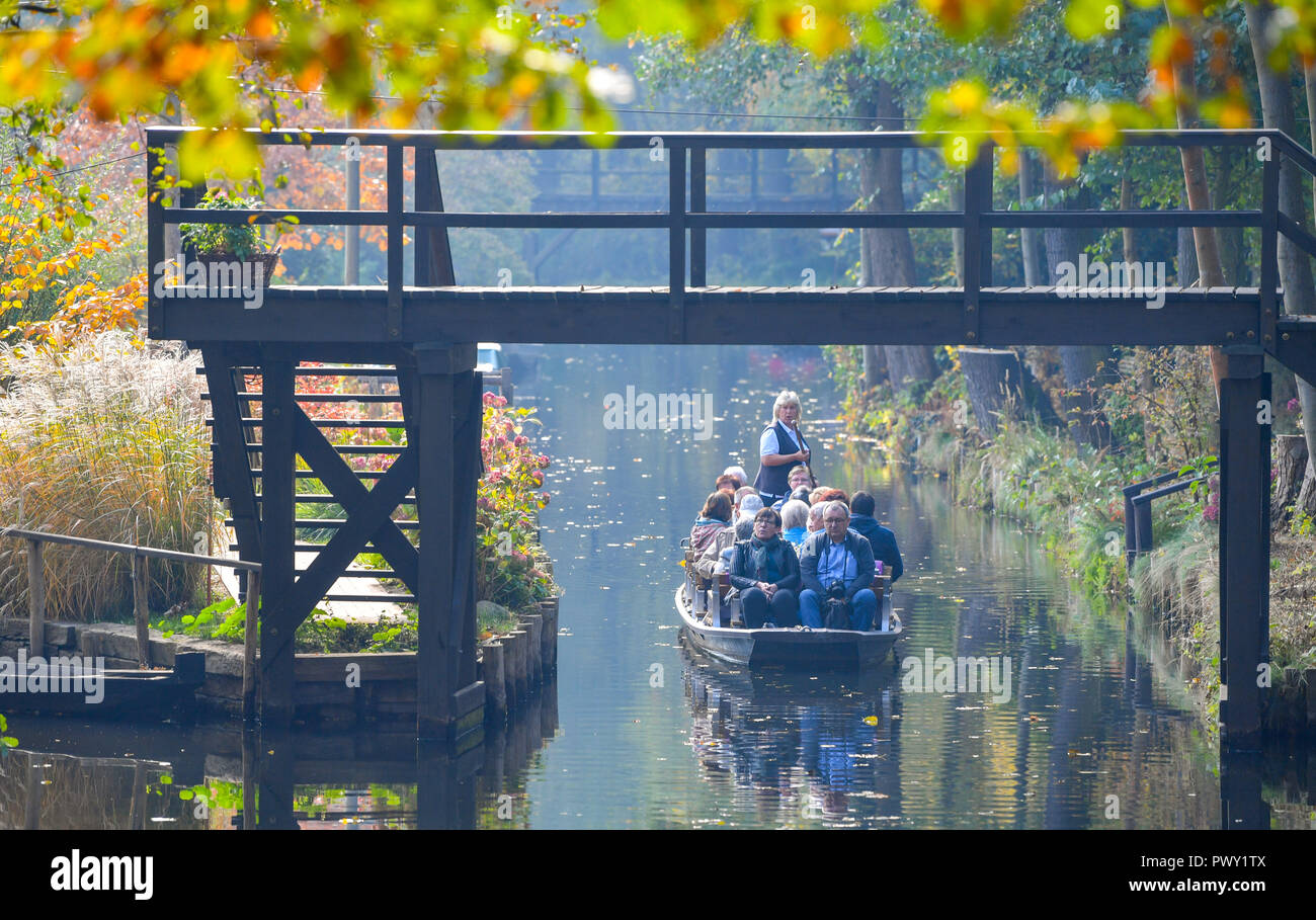 Lehde, Germany. 18th Oct, 2018. Tourists take a boat across a river in the autumnal Spreewald. Credit: Patrick Pleul/dpa-Zentralbild/ZB/dpa/Alamy Live News Stock Photo