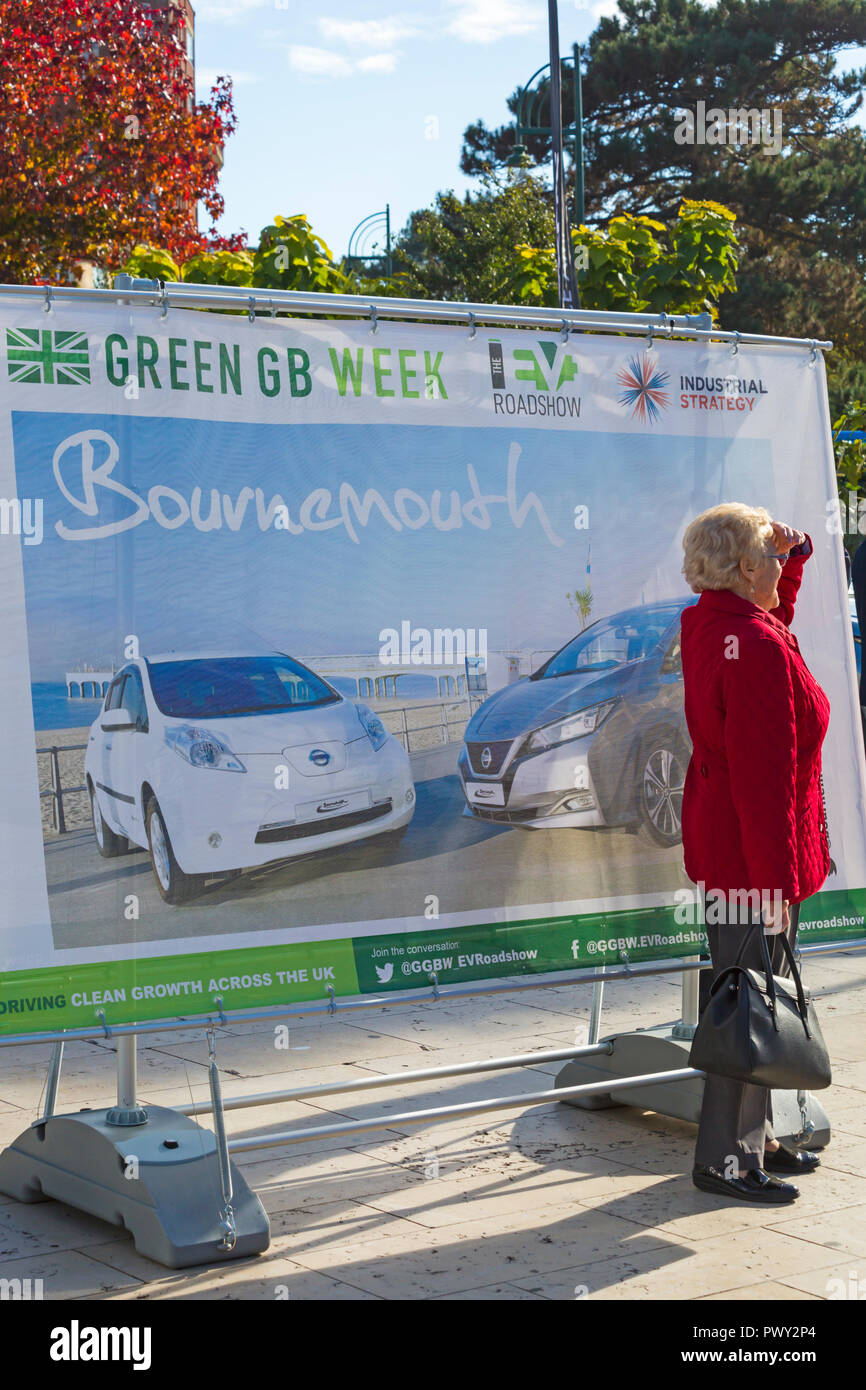 Bournemouth, Dorset UK. 18th Oct 2018. The very latest in electric and ultra-low emission vehicles (ULEVs) are showcased in Bournemouth Square as part of the government's Green GB Week (Green Great Britain week) to celebrate Clean Growth and promote the most advanced, environmentally friendly and cost-effective models of electric vehicles using the latest innovative technology from some of the world’s leading vehicle manufacturers. Credit: Carolyn Jenkins/Alamy Live News Stock Photo