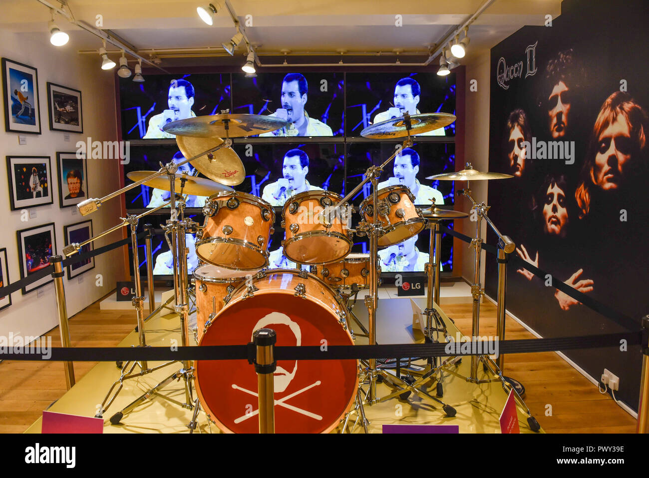 London, UK. 18 October 2018. Roger Taylor's drum kit on display at the  Queen pop-up shop which has opened in Carnaby Street. Coinciding with the  release next week of the movie "Bohemian