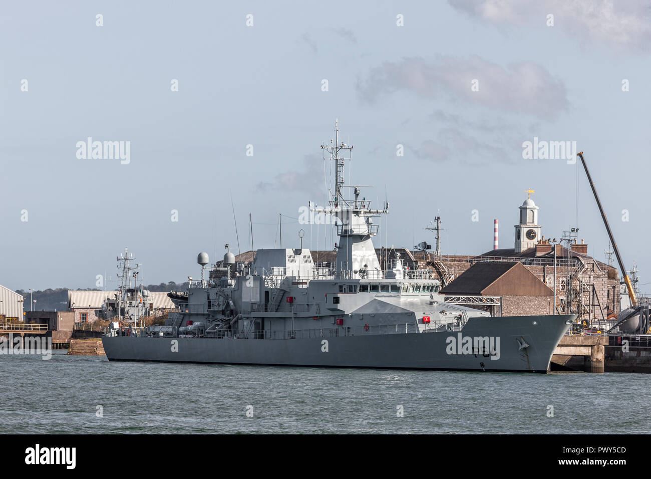 Haulbowline, Cork, Ireland, 18th October, 2018. Newly built Irish Naval vessel LE George Bernard Shaw  after arriving from the shipyard in Devon where she was commissioned. She will now undergo equipment fit-out where her communications equipment and primary armament will be installed at Haulbowline, Cork, Ireland. Credit: David Creedon/Alamy Live News Stock Photo