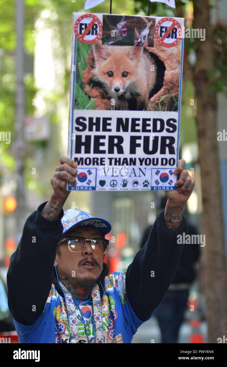New York, USA. 18th October, 2018. Today animal-rights protesters showed up  outside the new Canada Goose store in Soho, New York City. As temperatures  drop, and New Yorkers start shopping for winter