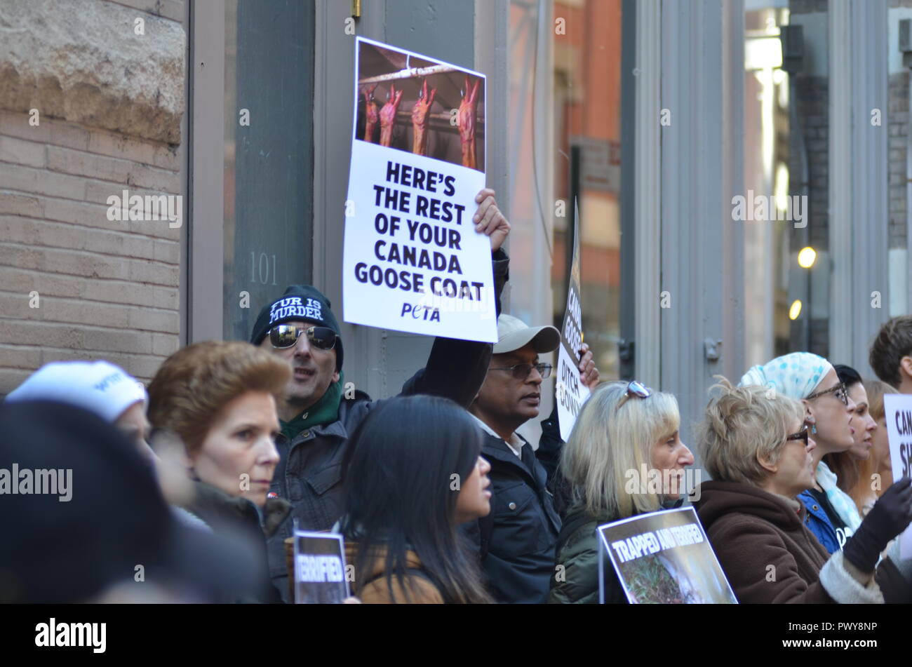 New York, USA. 18th October, 2018. Today animal-rights protesters showed up  outside the new Canada Goose store in Soho, New York City. As temperatures  drop, and New Yorkers start shopping for winter
