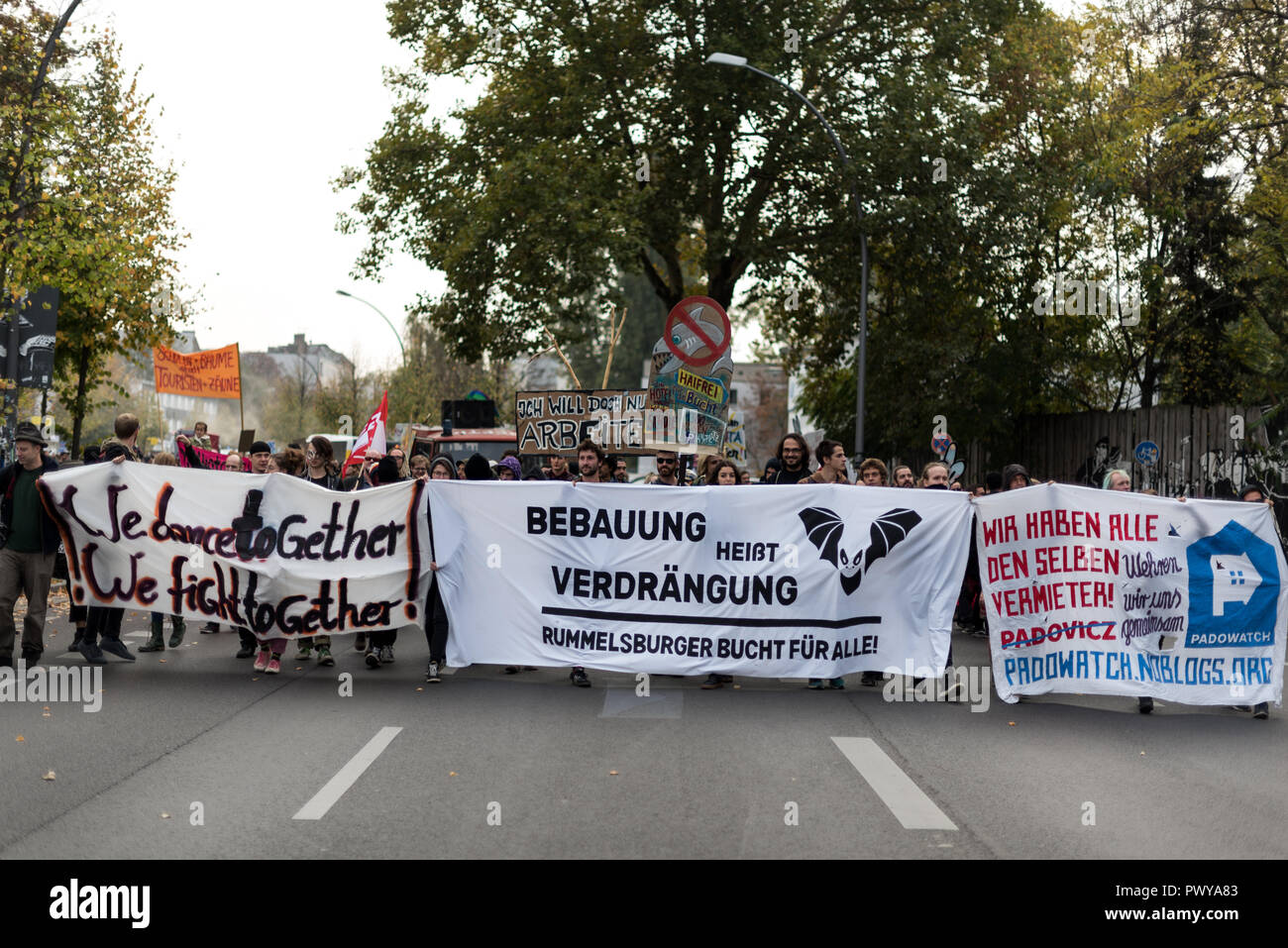 Protesters are seen holding banners during the demonstration. Hundreds of people have participated in the demonstration against the planned development of the fallow land at the Rummelsburger bay among other things with a large aquarium, a hotel and mostly high-priced flats. Stock Photo
