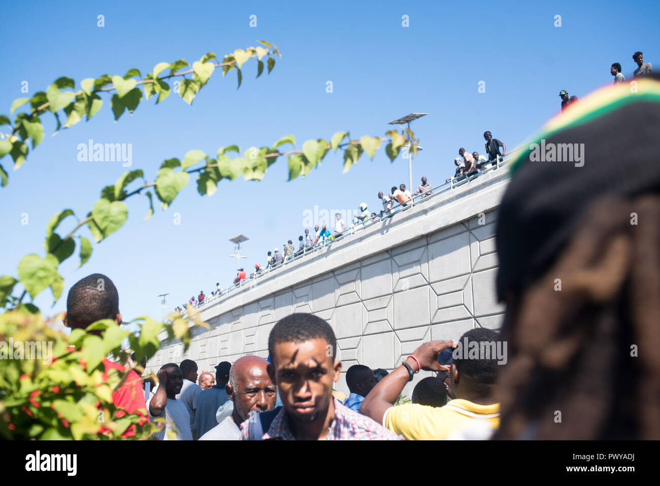 October 17, 2018 - Port-Au-Prince, Ouest, Haiti - Protesters gathered to demonstrate against the $3.8 billion that the government and private firms have been accused of embezzling from Venezuela's subsidized PetroCaribe oil program. The revenue was supposed to go toward financing economic and social programs. The PetroCaribe Challenge was started after Haitian filmmaker Gilbert Mirambeau Jr. posted on social media asking: 'Kot KÃ²b PetroCaribe a,'' or 'Where did the PetroCaribe money go?'' With a large youth, grassroots base nationwide demonstrations across Haiti are asking for account Stock Photo