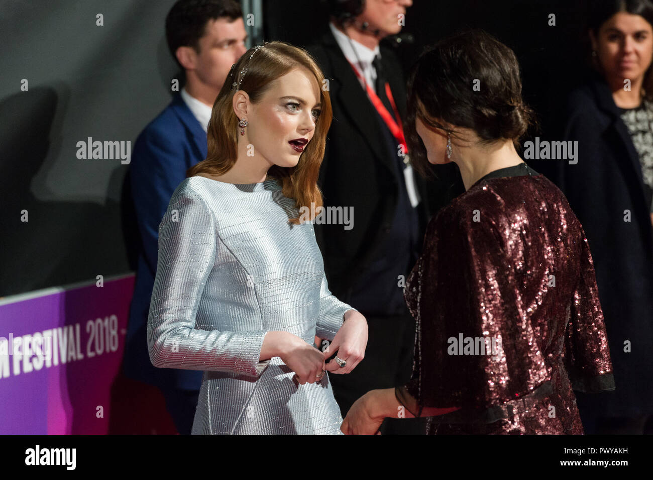 London, UK. 18th October 2018. Emma Stone (L) and Rachel Weisz (R) attend the UK film premiere of 'The Favourite' at BFI Southbank during the 62nd London Film Festival American Express Gala. Credit: Wiktor Szymanowicz/Alamy Live News Stock Photo