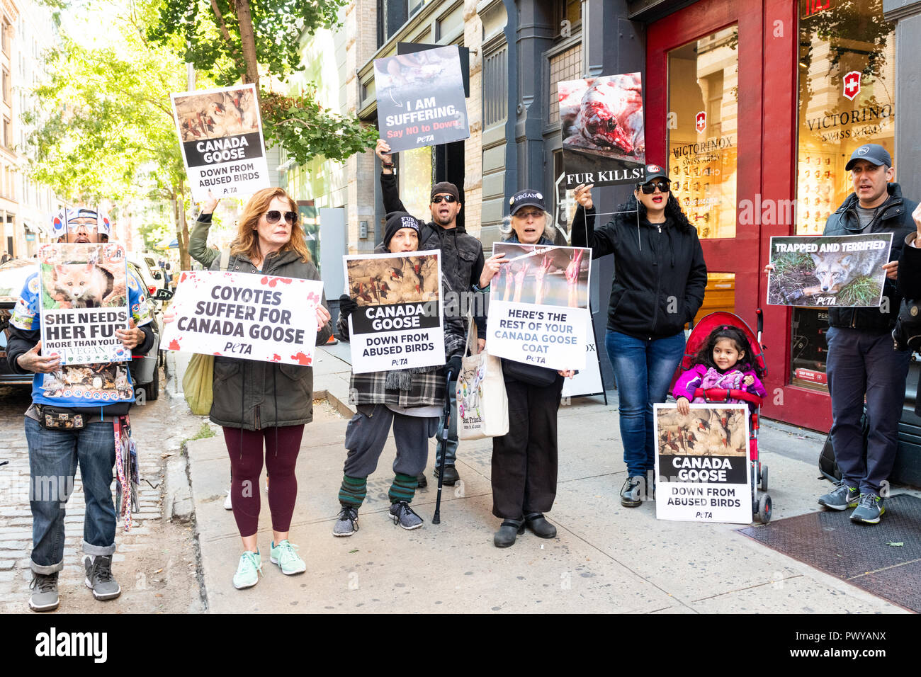 Protesters are seen holding posters during the protest. Protest by PETA,  People for the Ethical Treatment of Animals outside the Canada Goose store  on Wooster Street Stock Photo - Alamy
