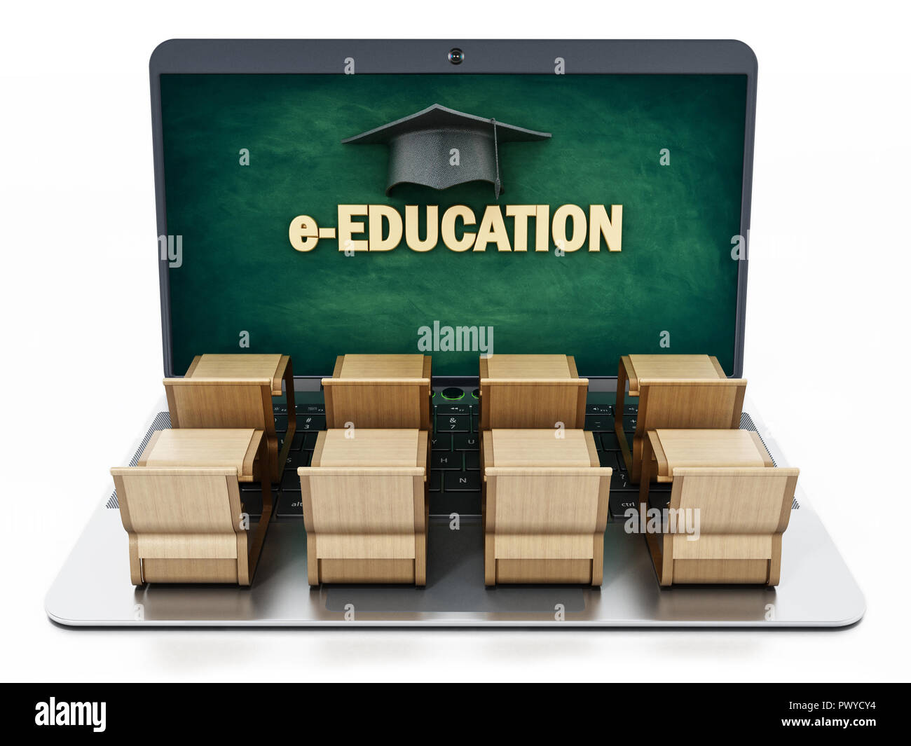 Student desks on laptop computer keyboard. 3D illustration. Stock Photo