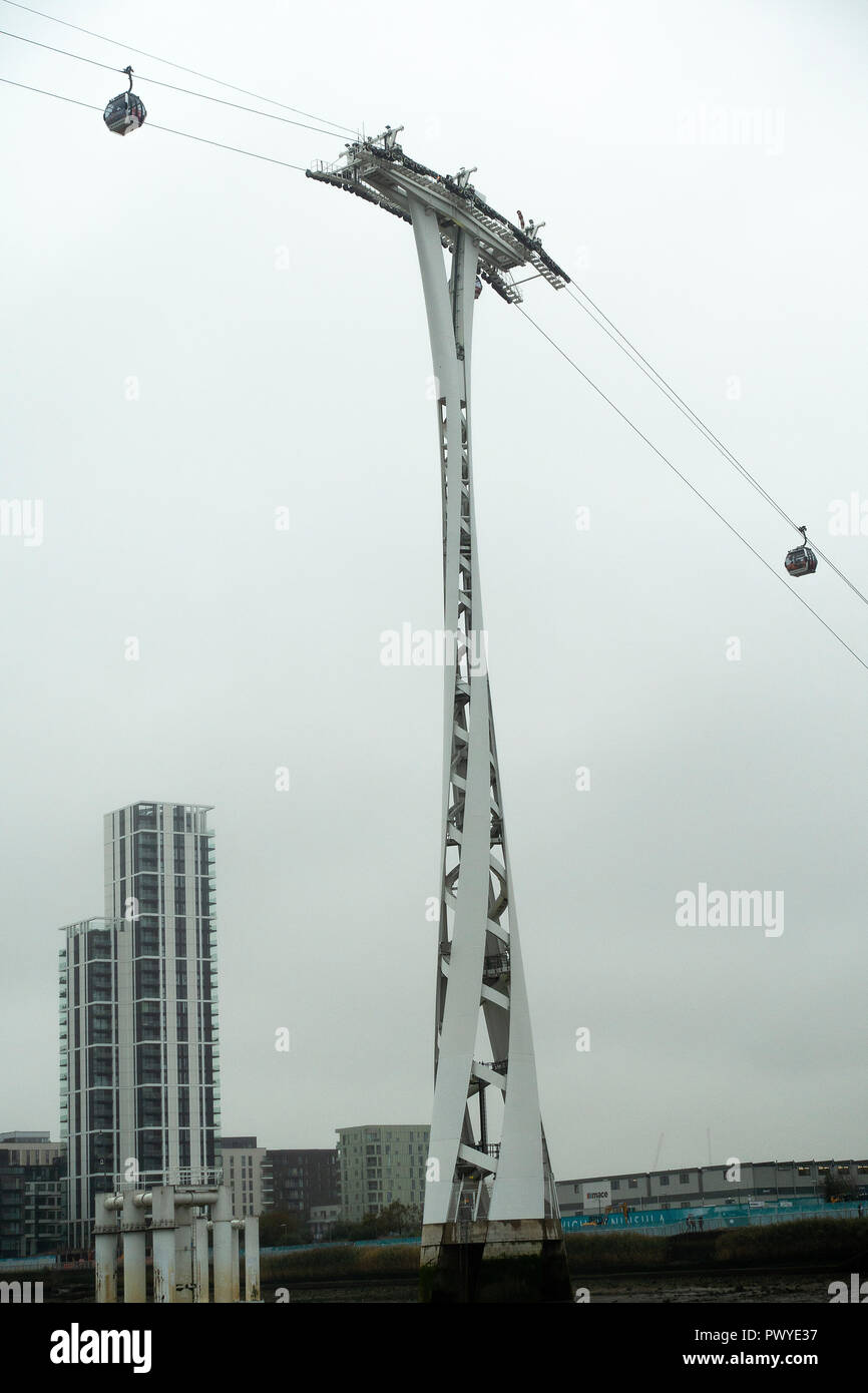 The Emirates Airline Gondola Ride Stretching from the O2 Arena to Docklands Over the River Thames in London England United Kingdom UK Stock Photo