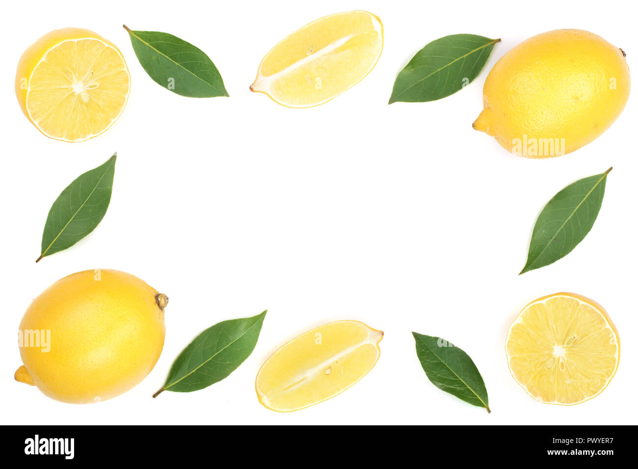 frame of lemon with leaves isolated on white background with copy space ...