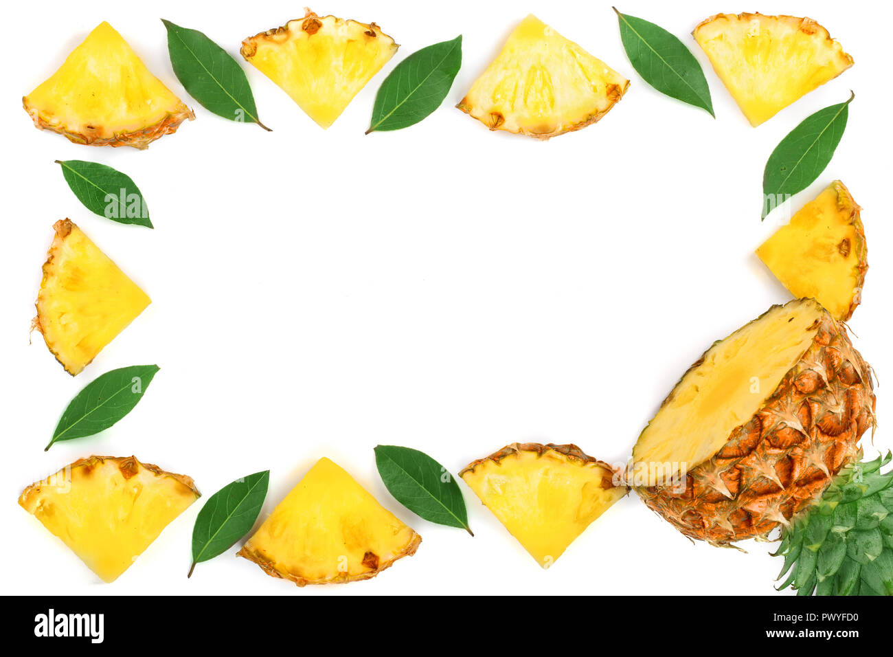 Sliced pineapple with leaves isolated on white background with copy ...