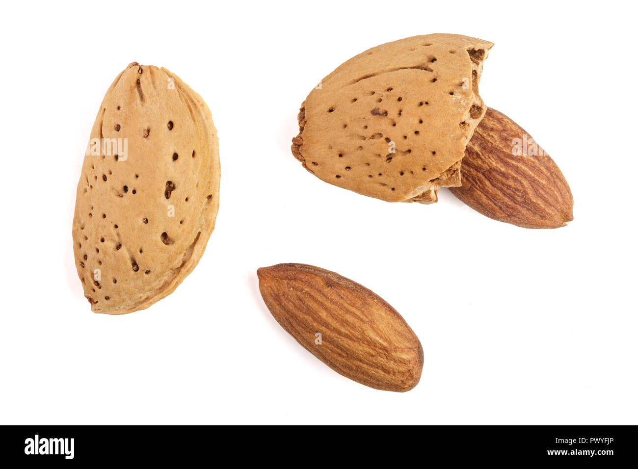 almonds are peeled and unpeeled isolated on white background without a shadow close up. Top view. Flat lay Stock Photo