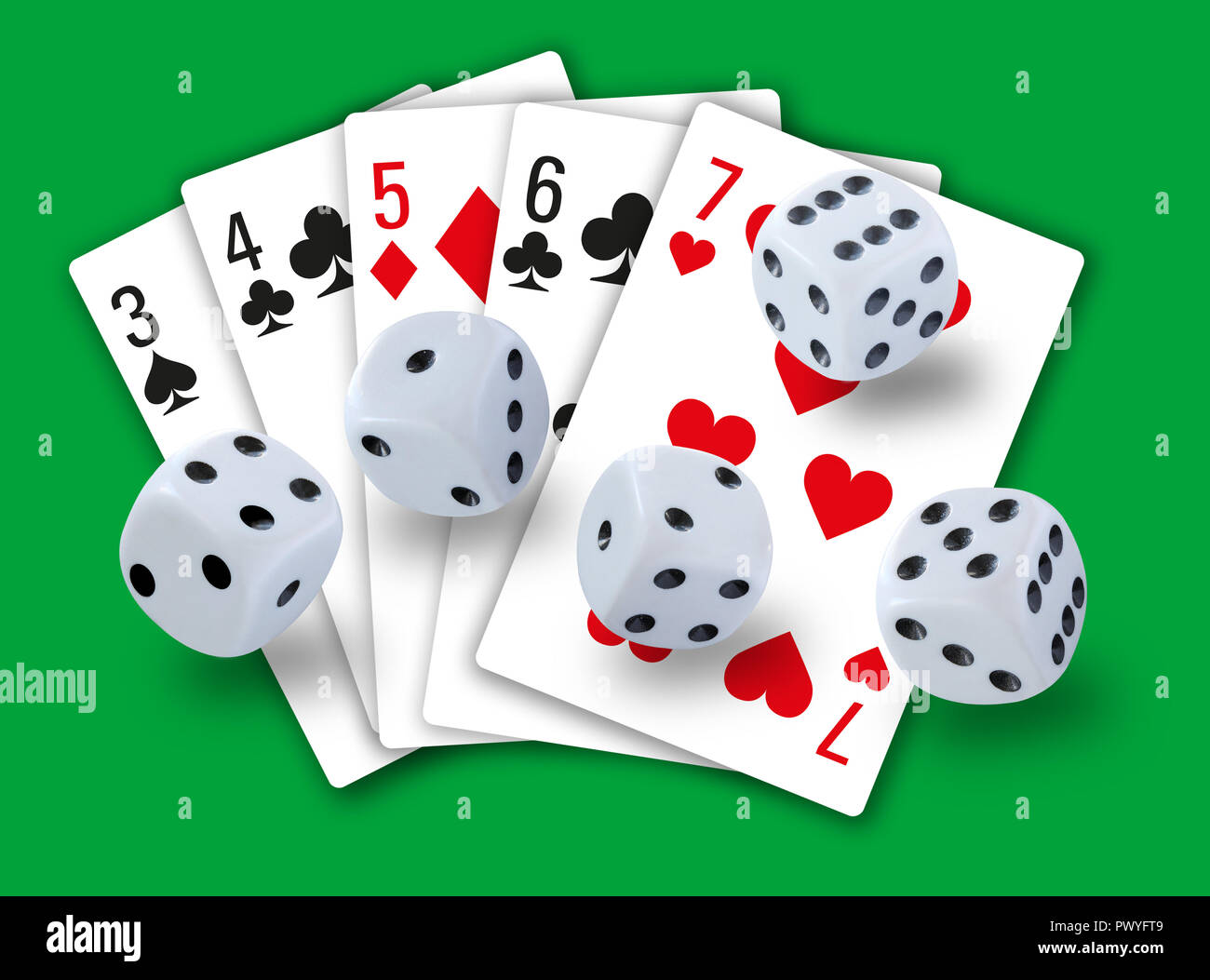 Gambling with dices rolling and playing cards showing a straight in