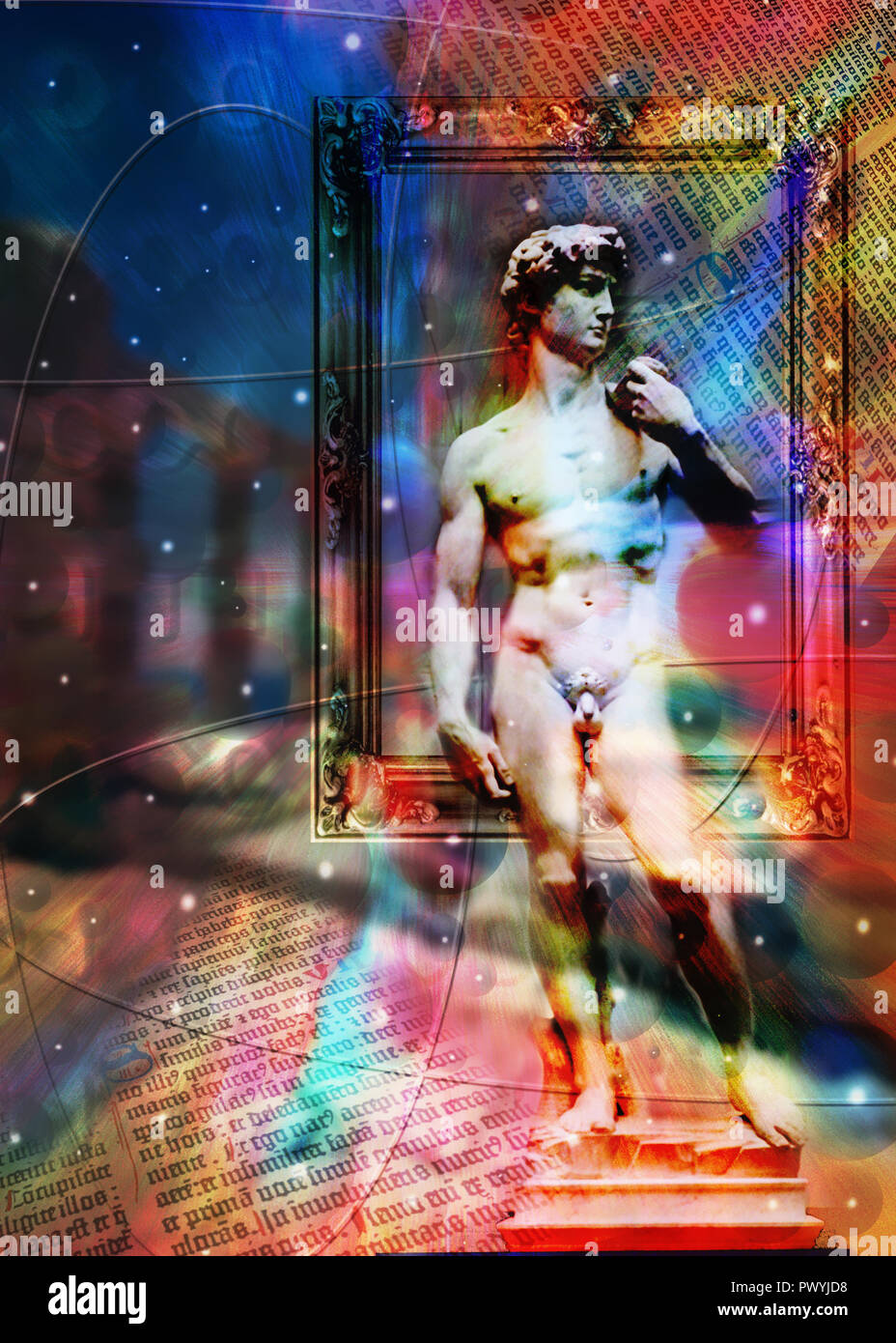 composite with David of Michelangelo, a picture frame and text as concept for the Arts Stock Photo
