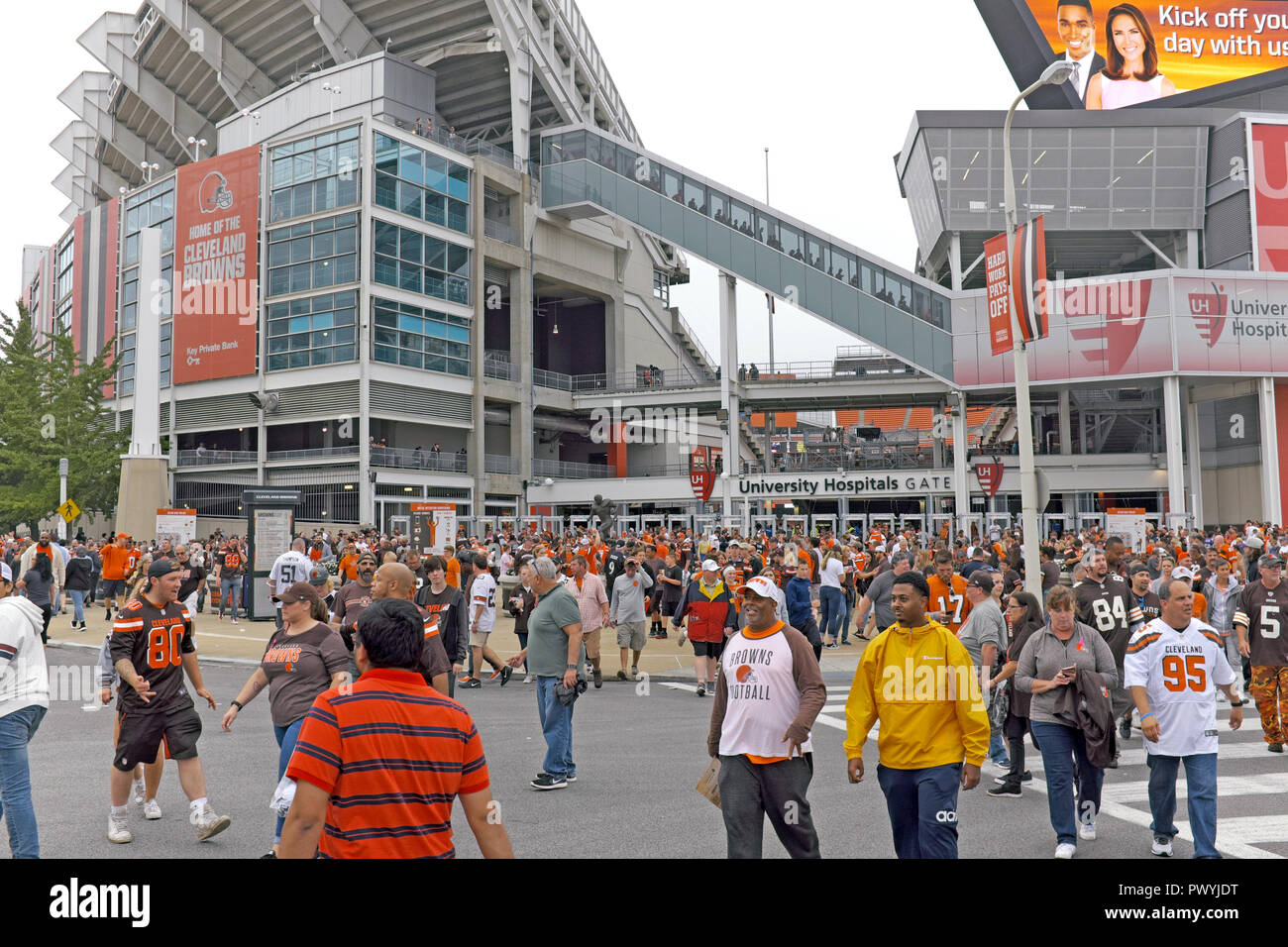 Cleveland Browns fans exit FirstEnergy Stadium in Cleveland, Ohio, USA after a win against the Baltimore Ravens on Ocotber 7, 2018. Stock Photo