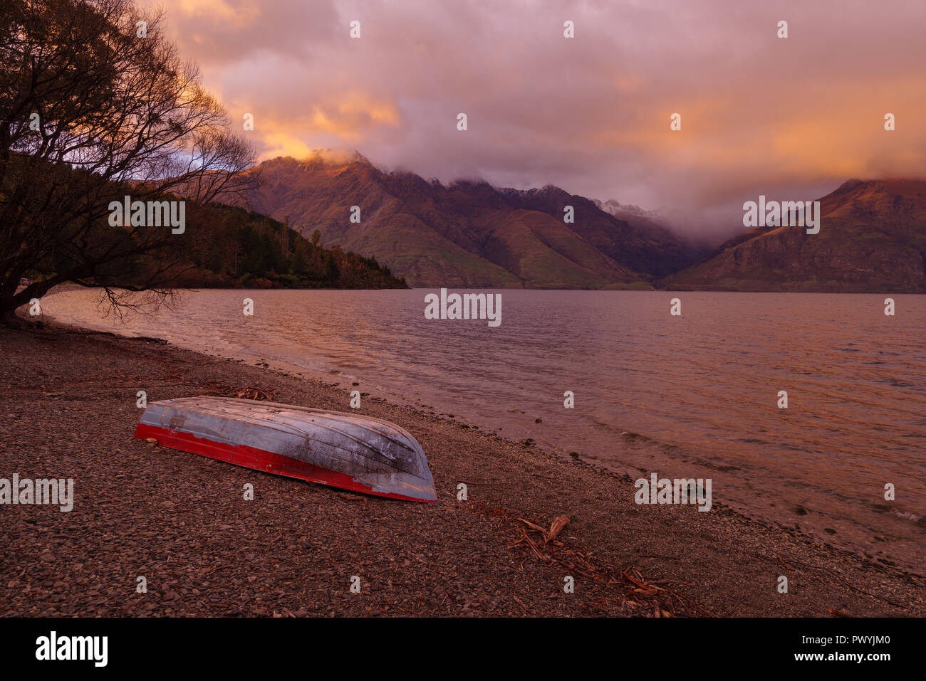 boat by the lake, Glenorchy, South Island, New Zealand Stock Photo