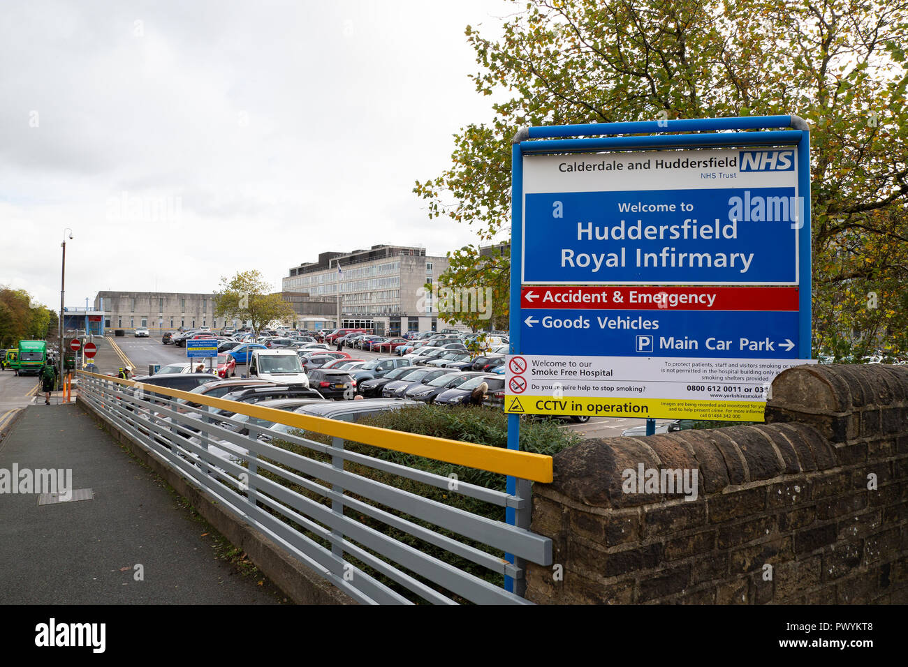 Huddersfield Royal Infirmary sign and hospital building, Huddersfield
