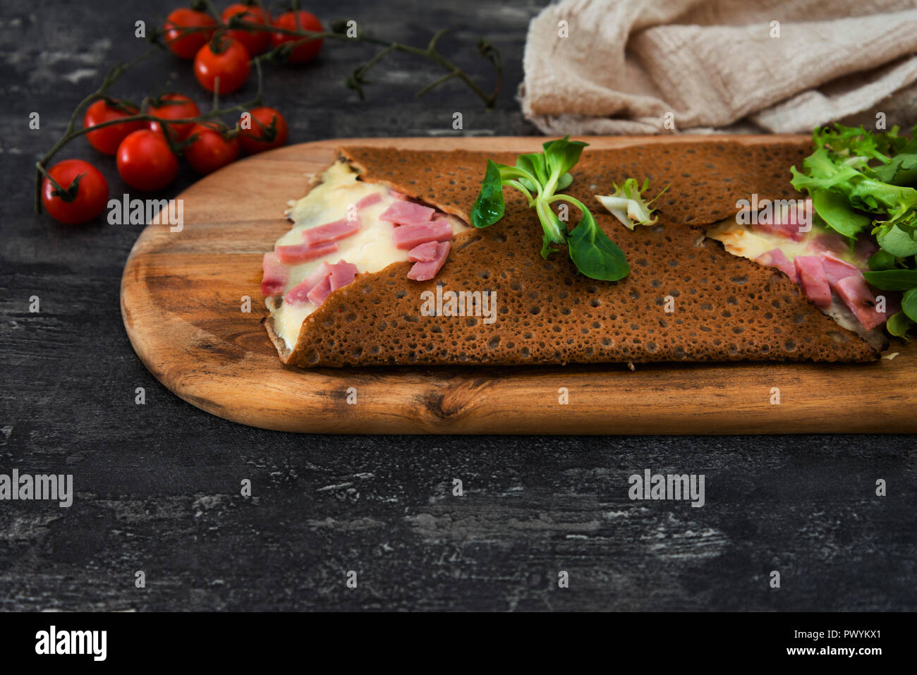 Homemade french buckwheat galette with egg Stock Photo