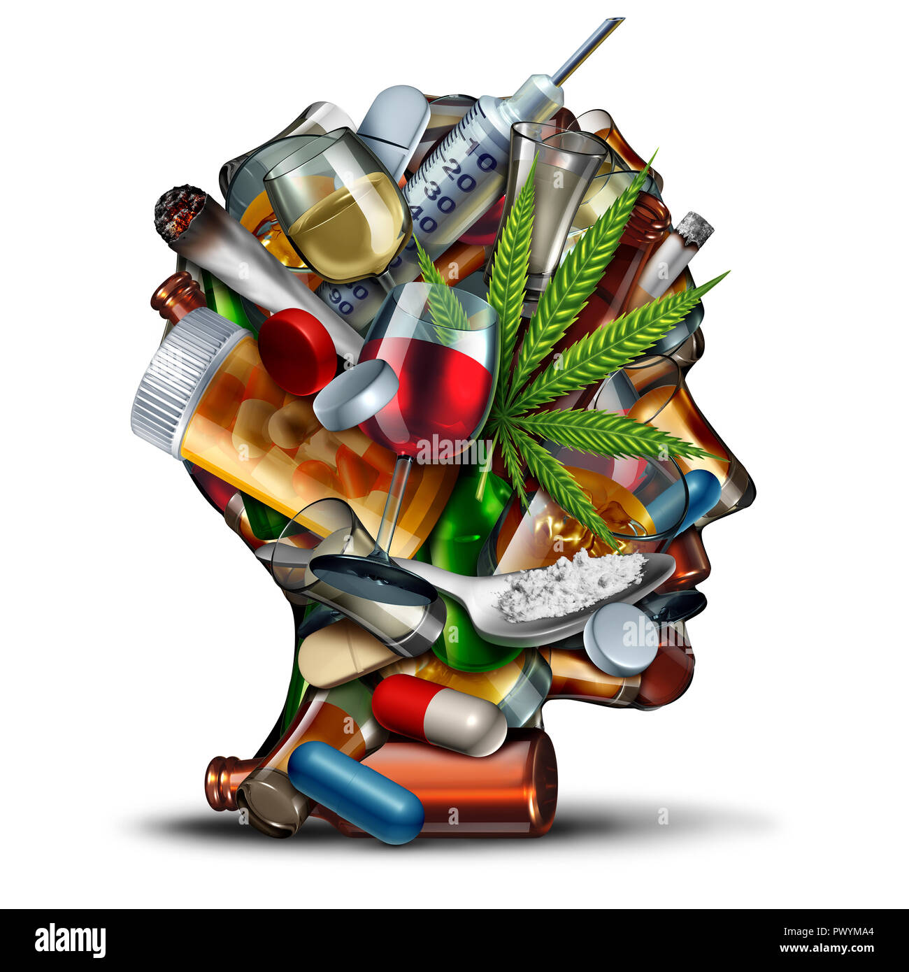 Concept of drug addiction and substance dependence as a junkie symbol or addict health problem with cocaine heroin cannabis alcohol and prescription. Stock Photo