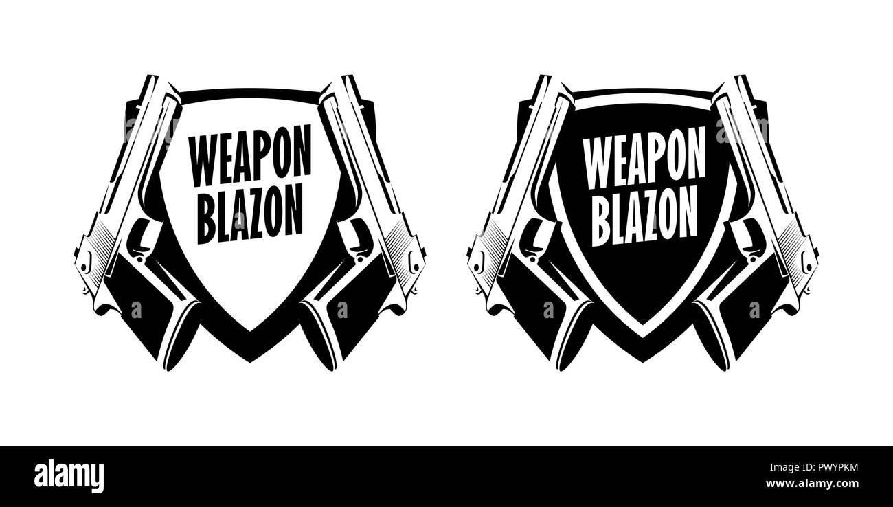 Pistol Weapon logo label emblem. Vector Blazon Badge with Handgun illustration on white background. Stock Vector