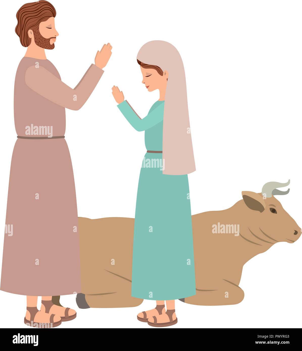 virgin mary and saint joseph with ox Stock Vector