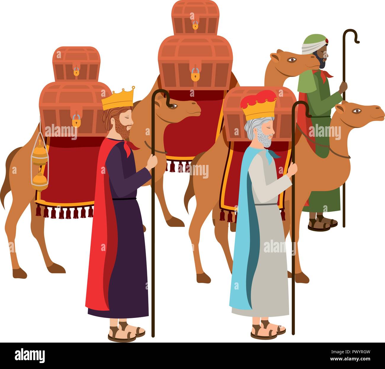 wise kings with camels manger characters Stock Vector