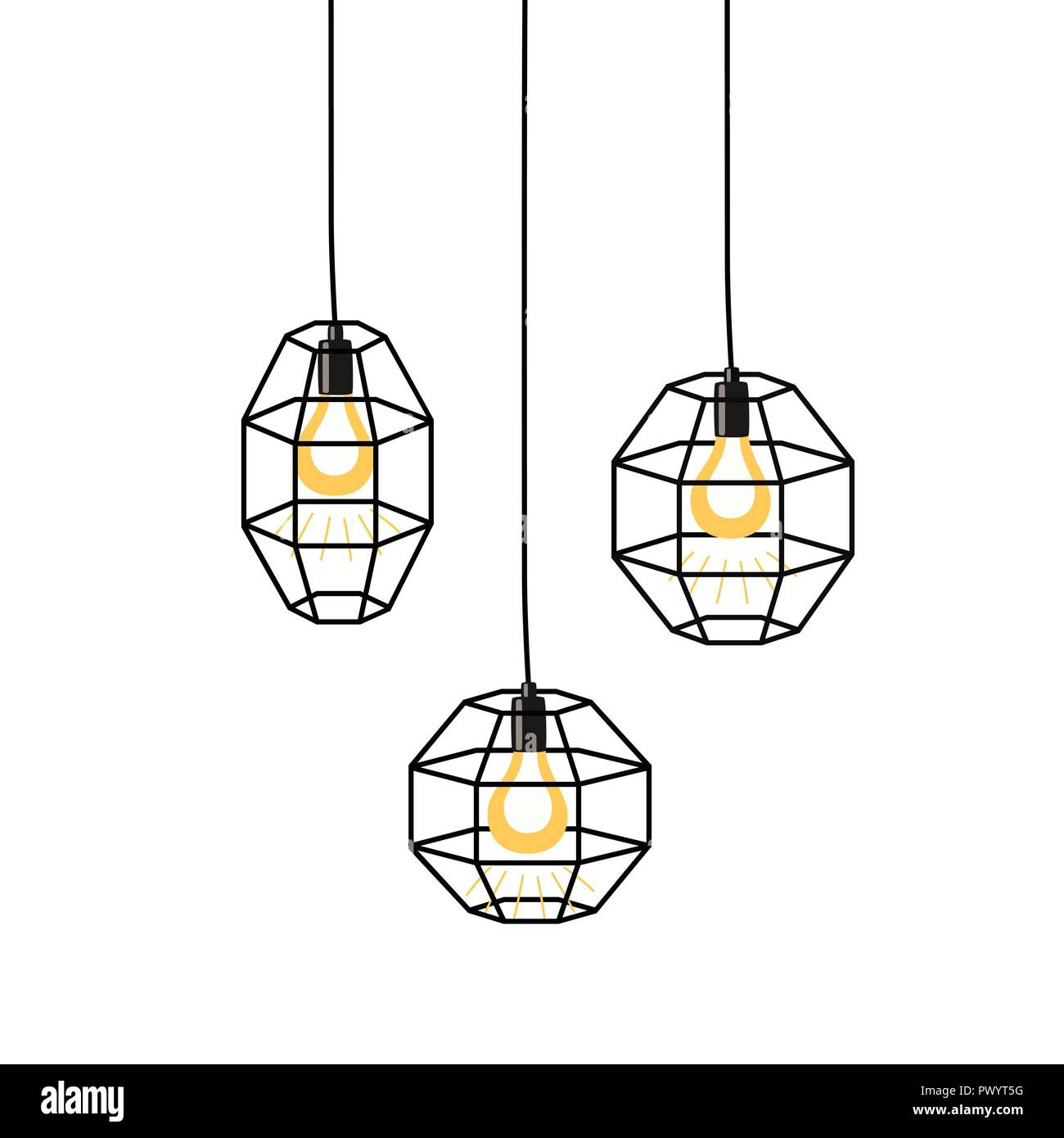 Hand drawn vector set of different geometric loft lamps and iron lampshade. Industrial style. Stock Vector