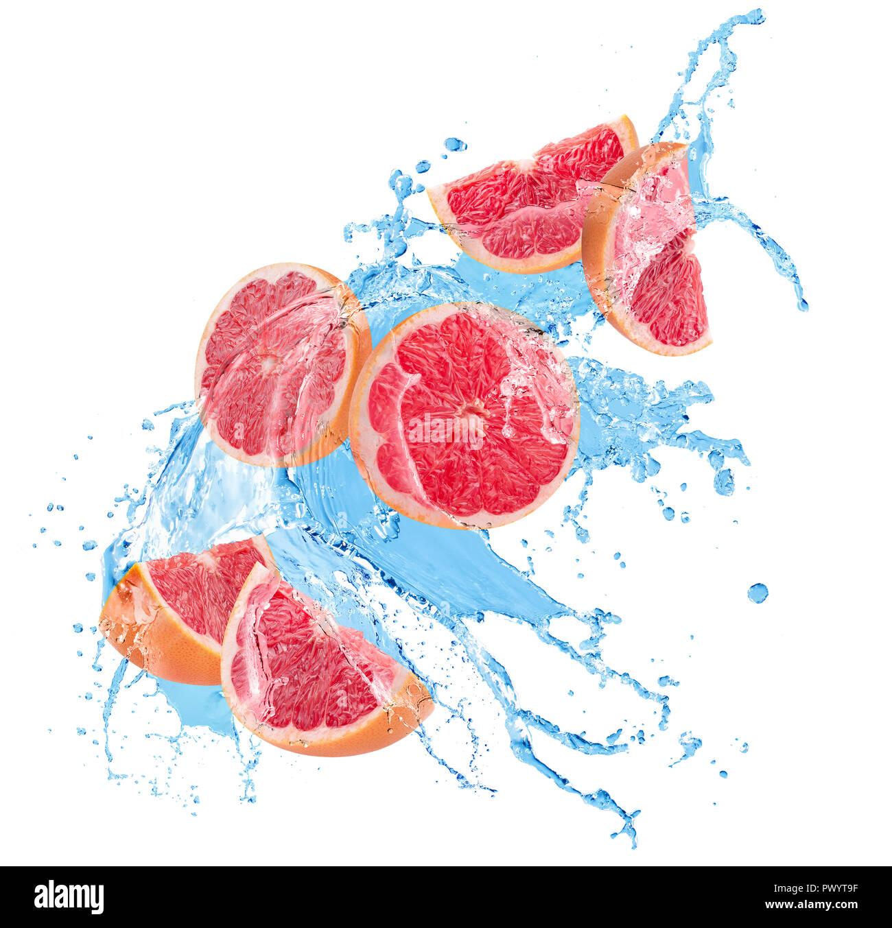 grapefruit slices in water splash on a white background. Stock Photo