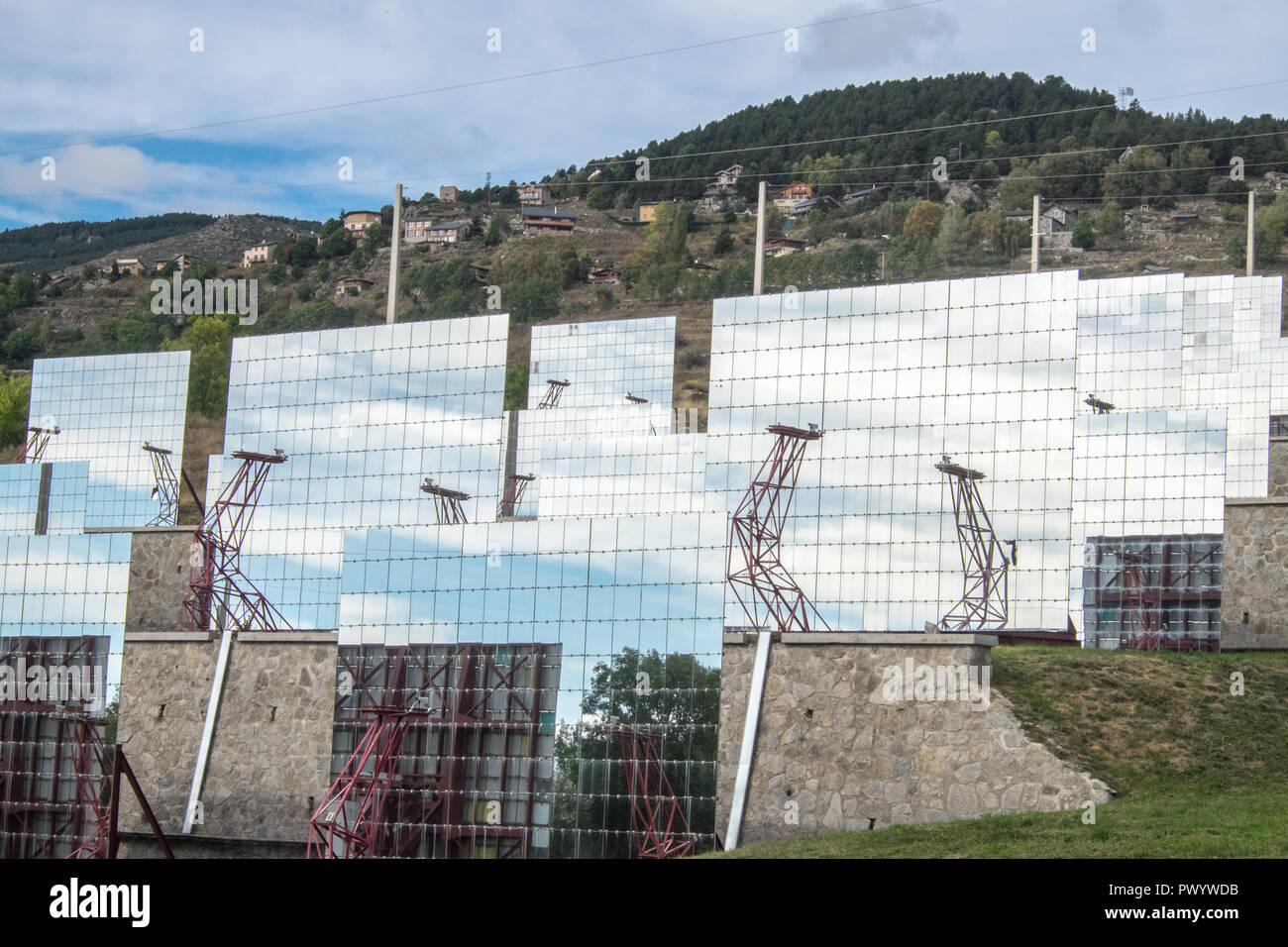 Odeillo,Font Romeu,solar furnace,solar,power,energy,generation,huge,solar panels,mirrors,converging,sun,sunlight,Pyrenees-Orientales,South,of,France, Stock Photo