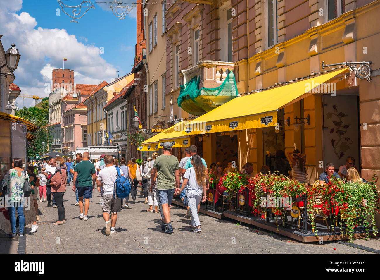 Vilnius old town, view in summer along scenic Pilies Gatve, the main thoroughfare in the center of the historical Old Town area of Vilnius, Lithuania. Stock Photo