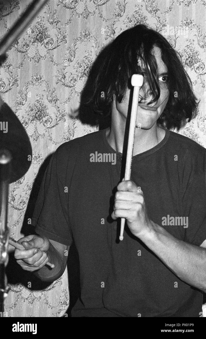 Spriritualized drummer Jonny Mattock on stage at Esquires, Bedford, 10th October 1990. Stock Photo