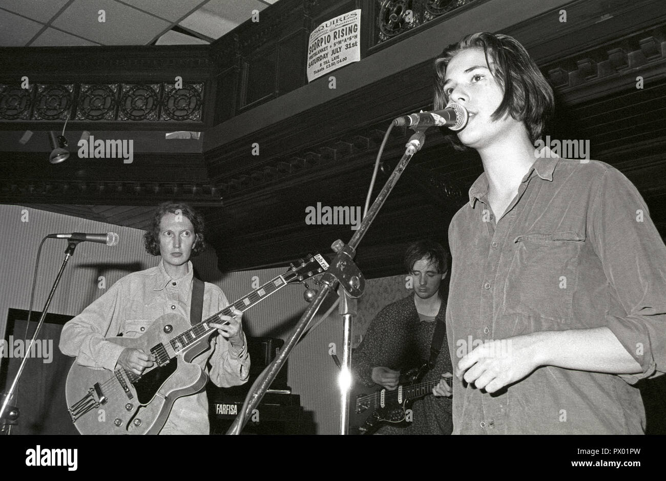 (R-L) Lætitia Sadier, Tim Gane and the late Mary Hansen of Anglo-French avant-pop band Stereolab on stage at Esquires, Bedford, 9th September 1993. Stock Photo