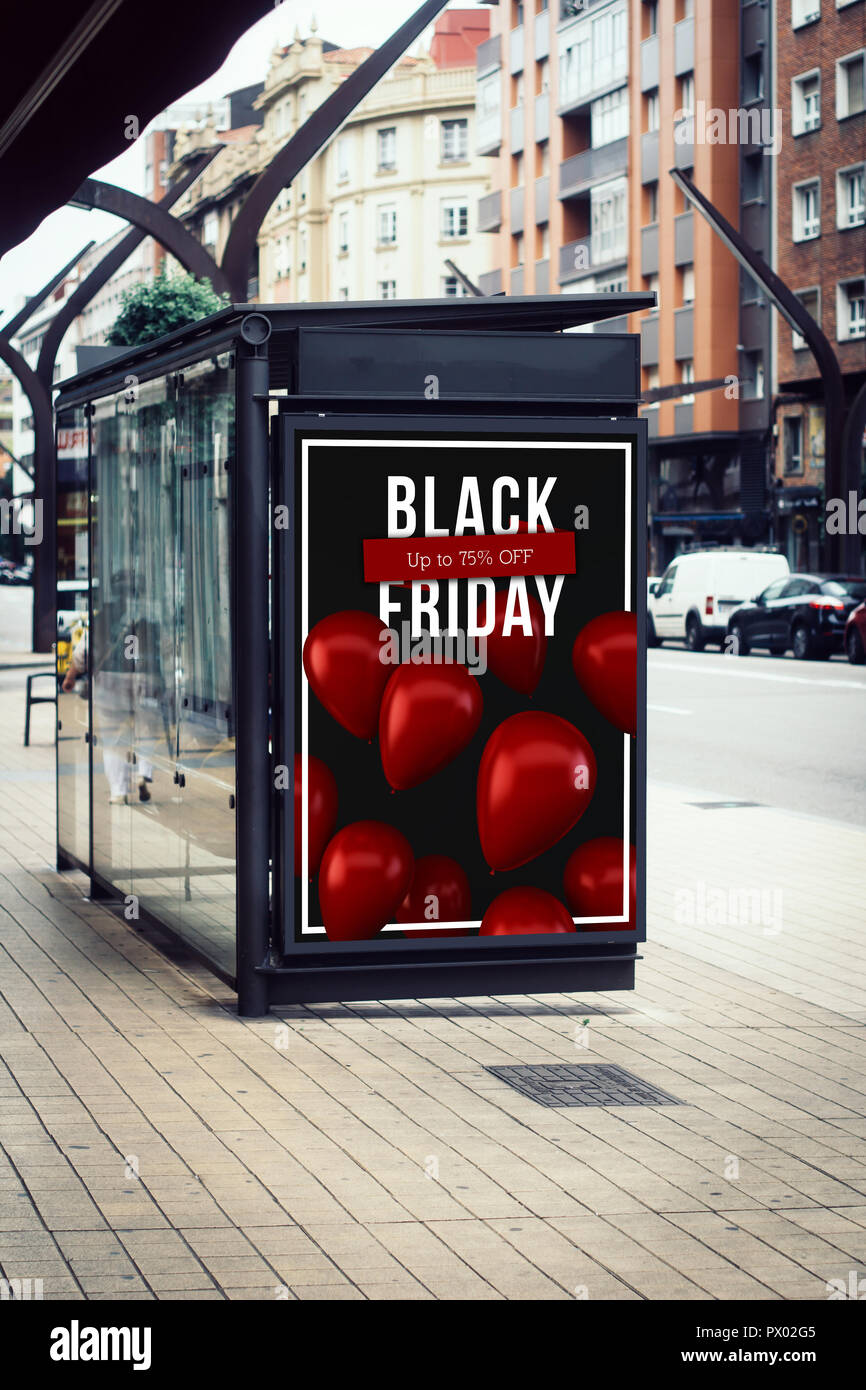 black friday poster advertising billboard on bus station Stock Photo