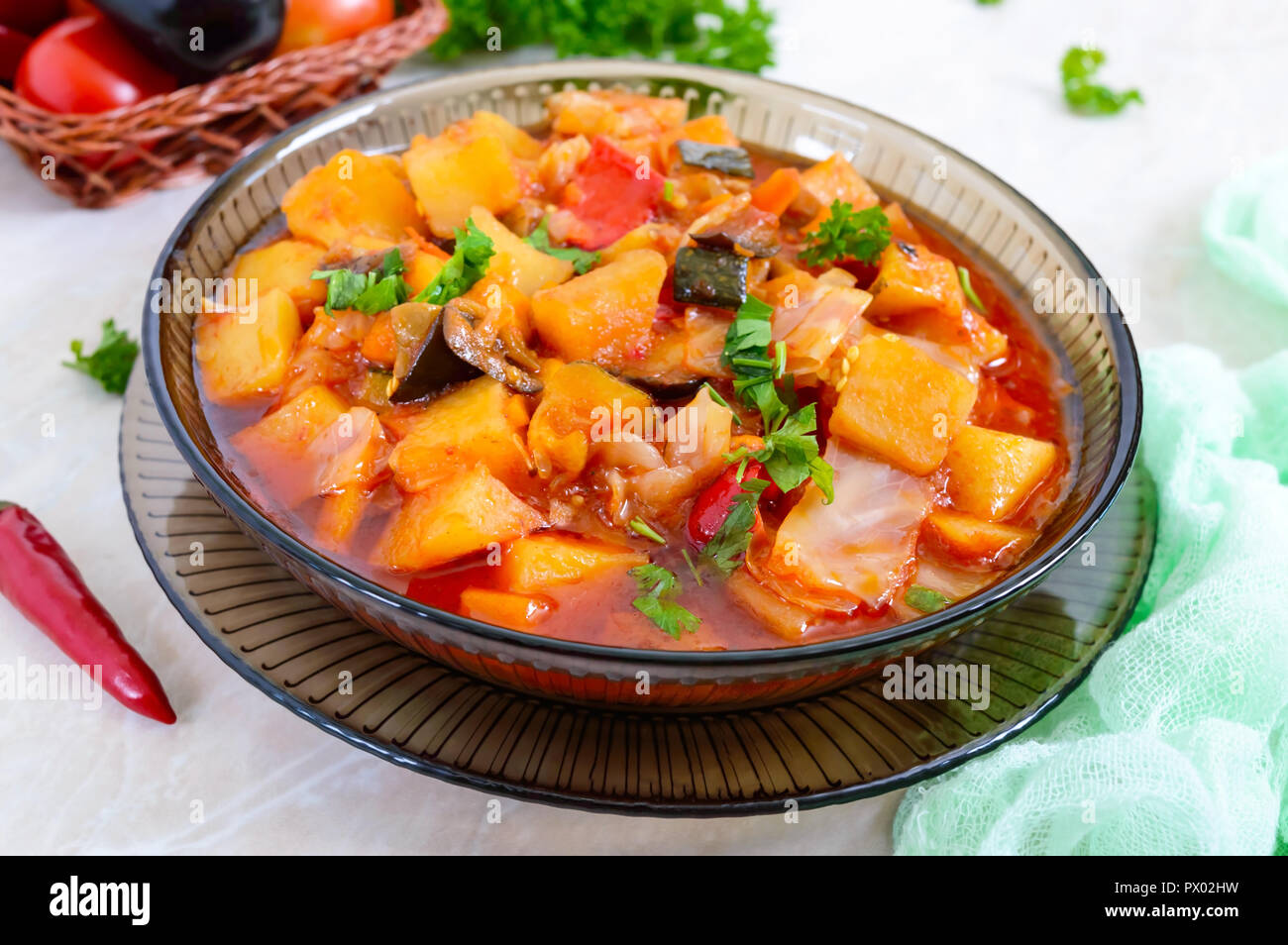 Delicious vegetable stew in a glass bowl. A popular dish of many countries of the world