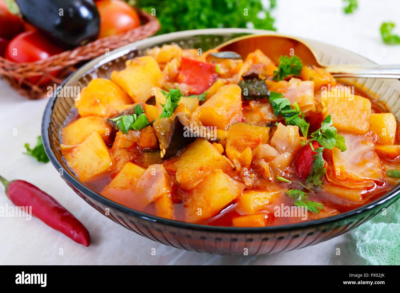 Delicious vegetable stew in a glass bowl. A popular dish of many countries of the world