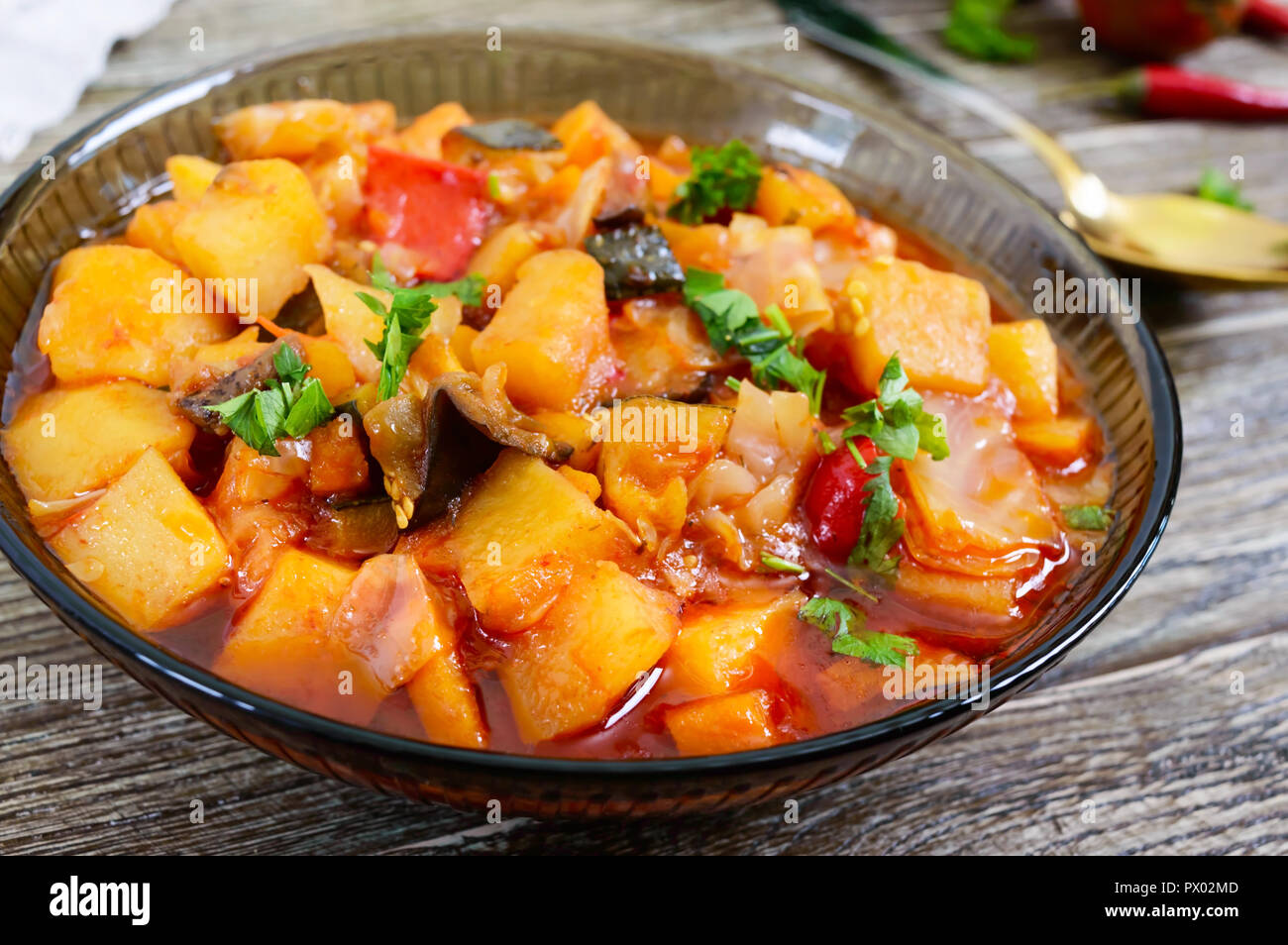 Delicious vegetable stew in a glass bowl. A popular dish of many countries of the world