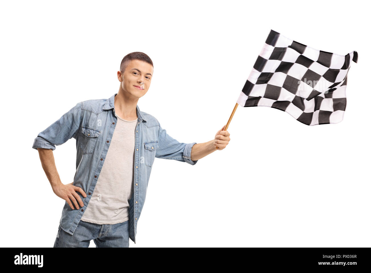 Teenager waving a checkered race flag isolated on white background Stock Photo