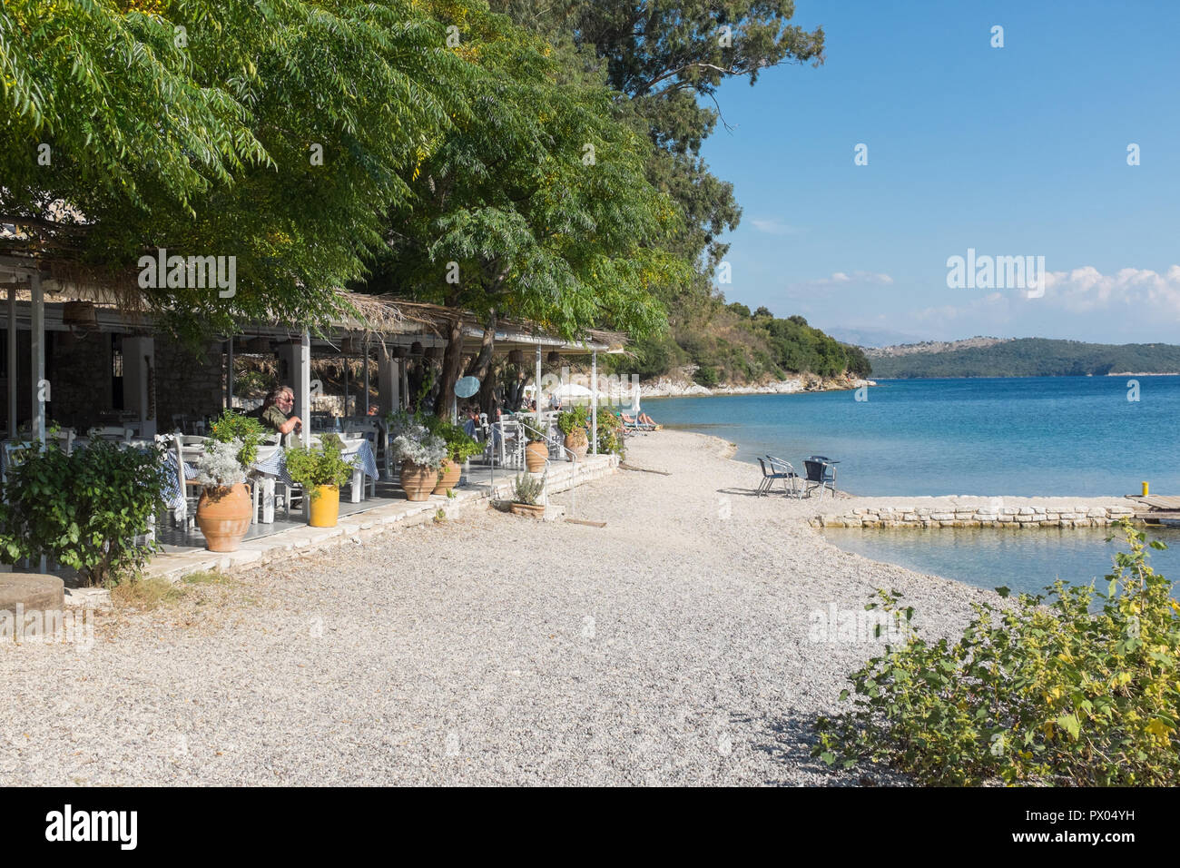 Eucalyptus, a beach side restaurant in Agios Stefanos, north east Corfu Stock Photo