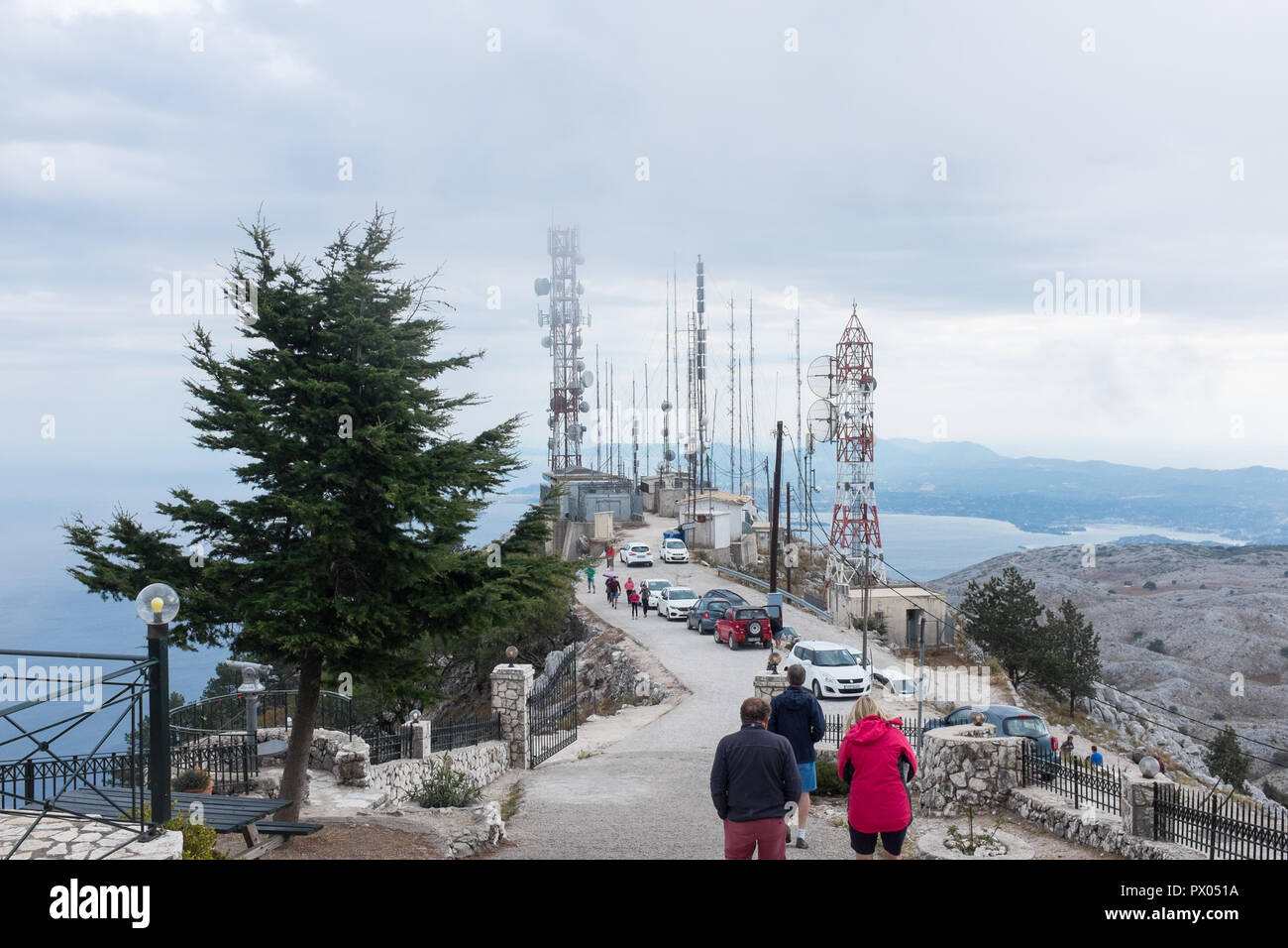Telecommunications masts and aerials at Pantokrator, the highest point on the Greek island of Corfu Stock Photo