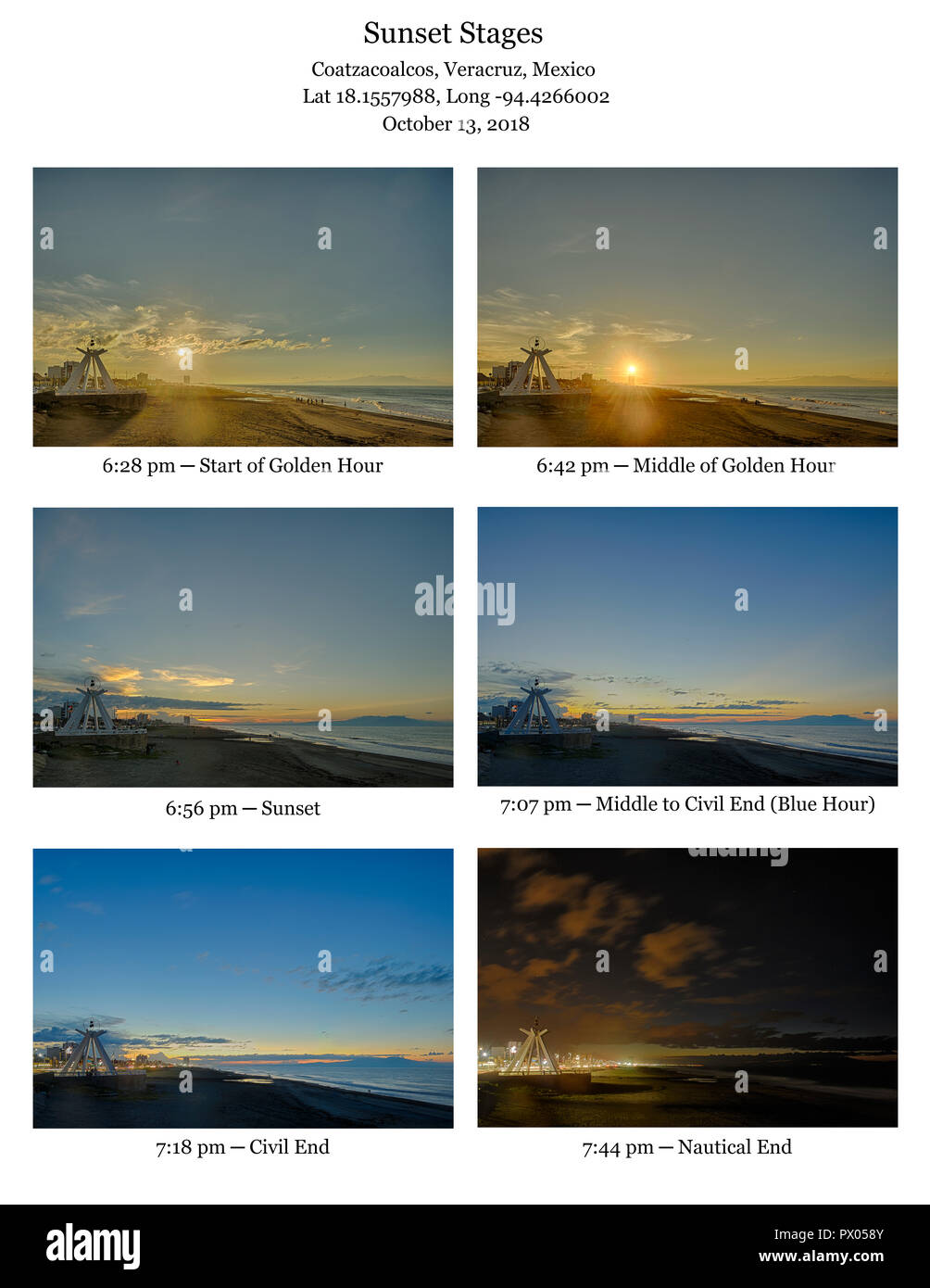 COATZACOALCOS, VER/MEXICO OCT 13, 2018 Sunset stages, showing golden