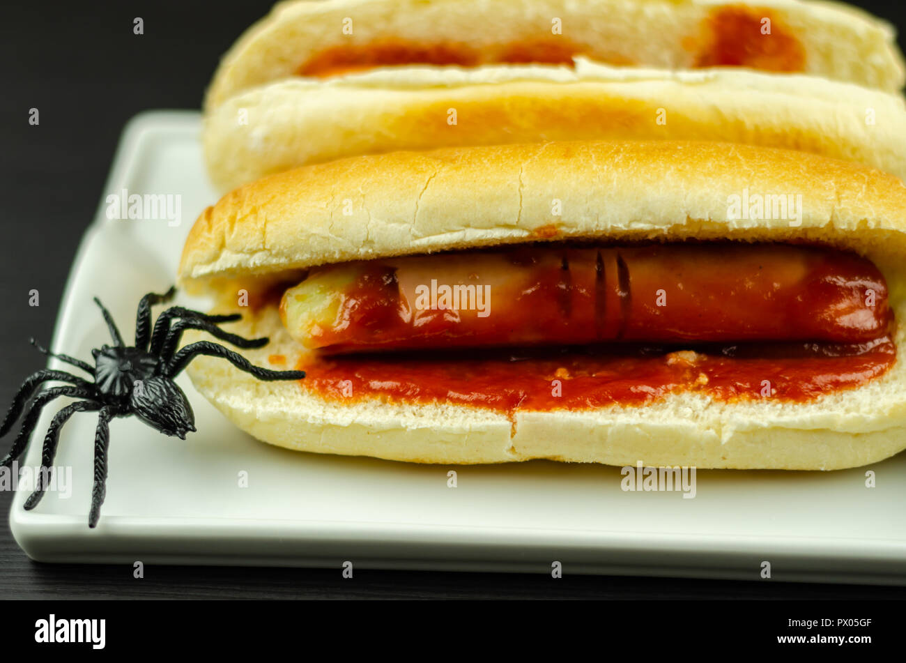 Creepy Halloween Hotdog Fingers On The Black Table Party Food Stock Photo Alamy