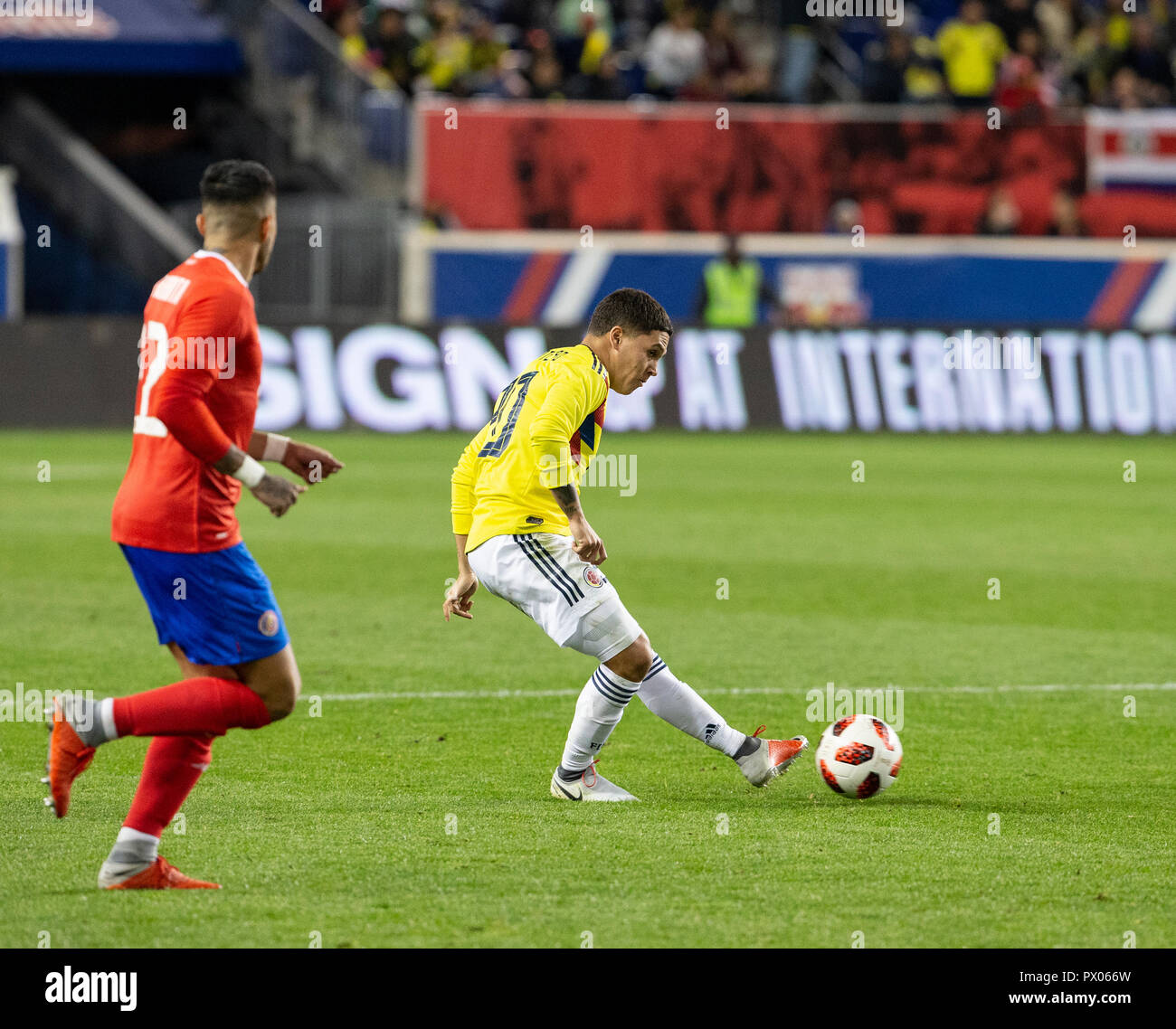 Harrison, NJ - October 16, 2018: Juan Fernando  Quintero (20) of Colombia controls ball during the friendly soccer game between Costa Rica & Colombia at Red Bull Arena Colombia won 3 - 1 Stock Photo